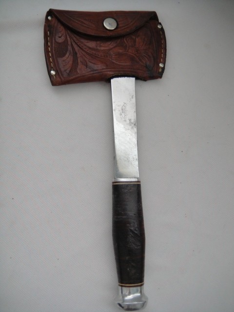 Kinfolks Hatchet with Stacked Leather Washer Handle + Tooled Leather Sheath