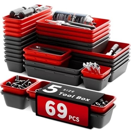 [5 Sizes] [69 PCS] Tool Drawer Organizer, Desk Tray, Rolling Chest, Black+Red