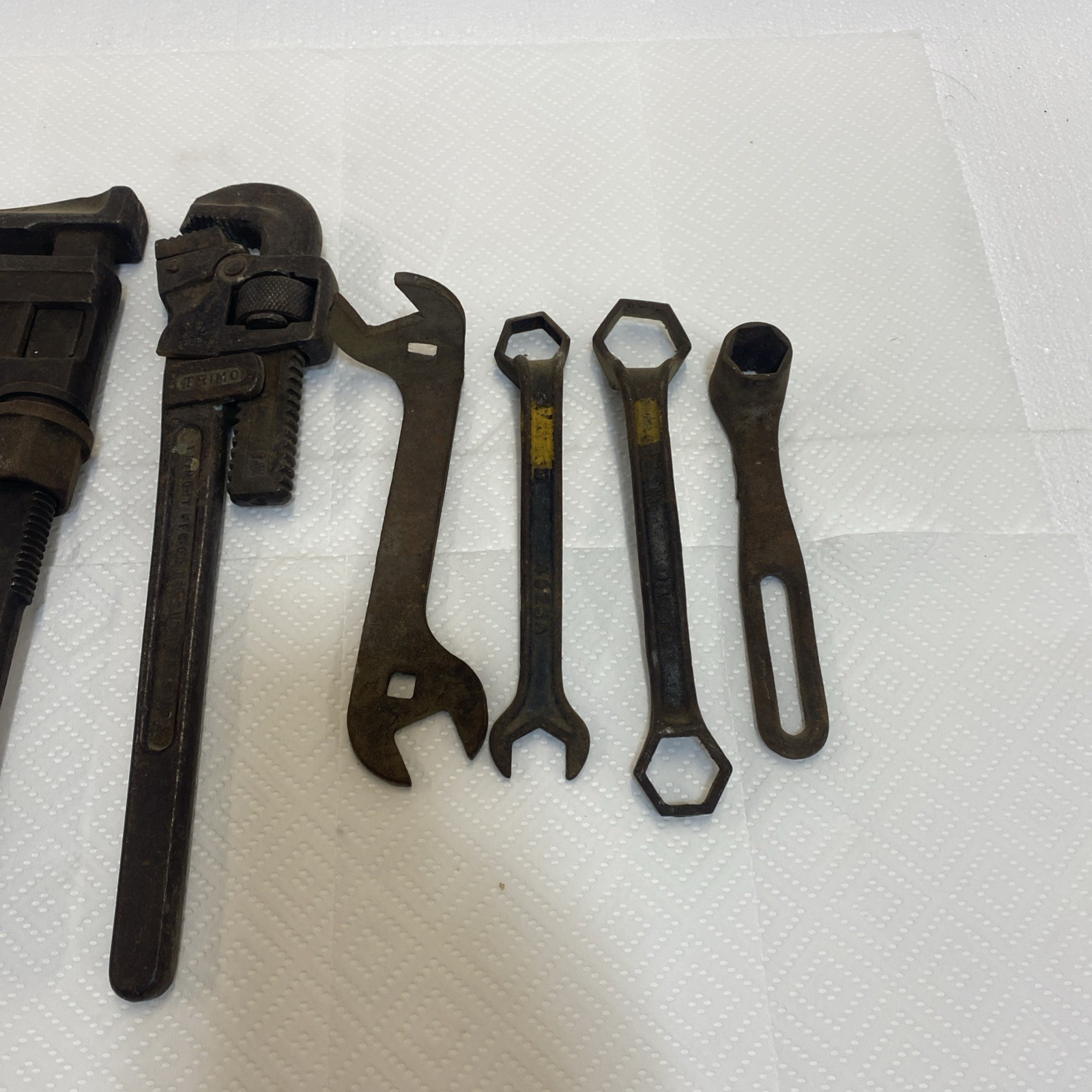 Lot of 2 Antique Adjustable Wrenches 1 drill & 4 Auto or Farm wrenches