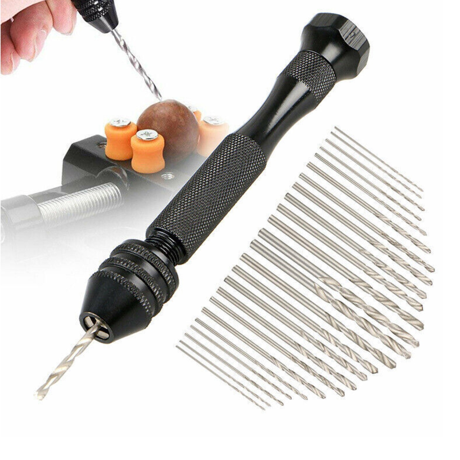 26Pcs Mini Micro Hand Drill Bit Kit Manual Keyless Chuck Pin Vise Rotary Tool zz