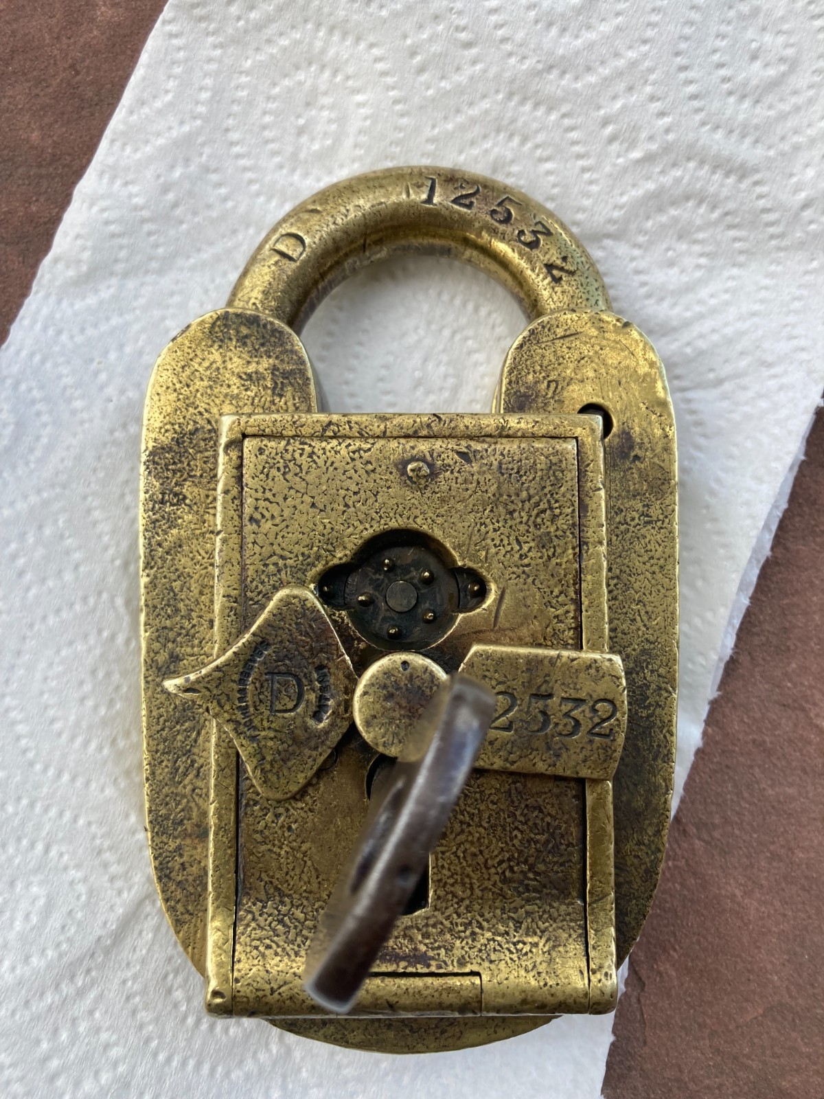 Antique Heavy Brass British Customs Padlock & Original KEY by Tucker & Reeves