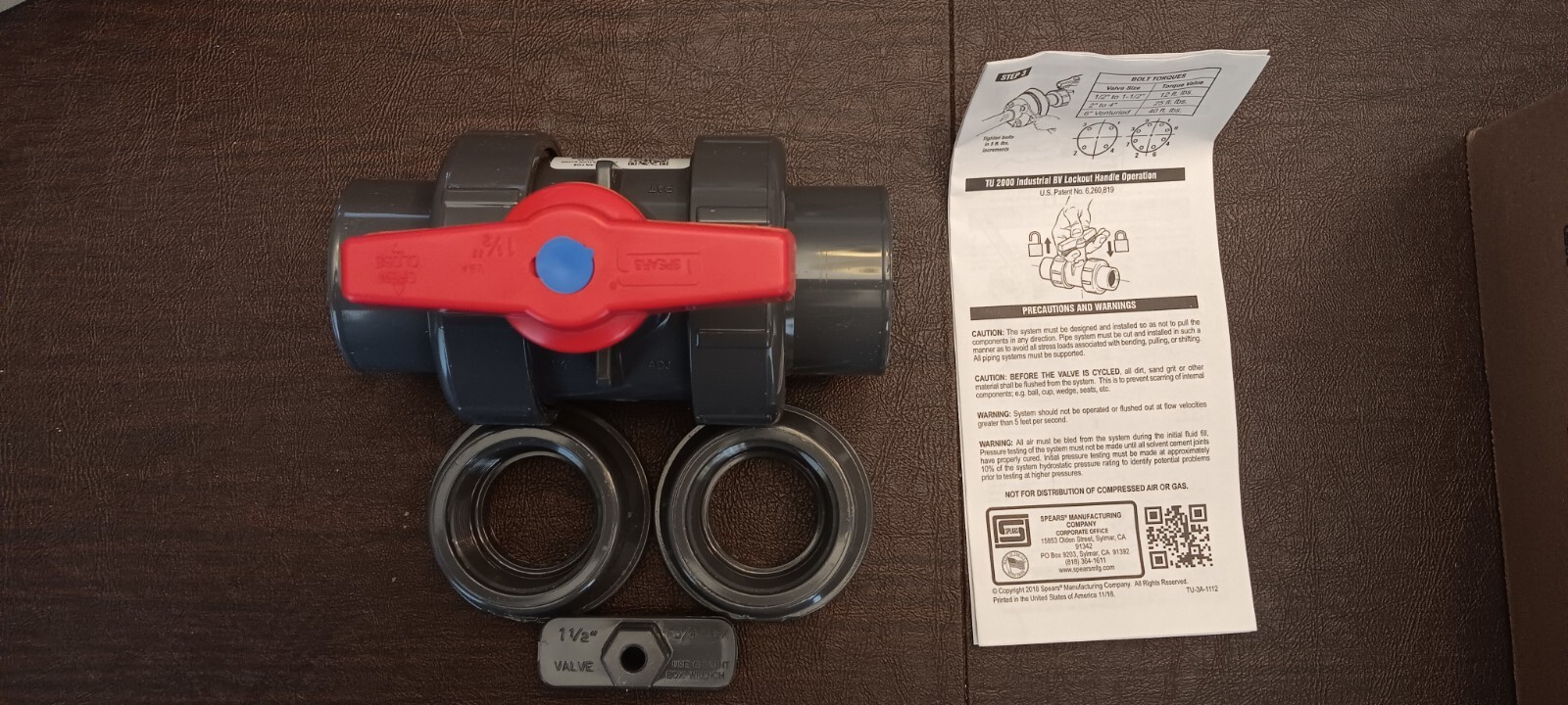 SPEARS:1839-015 TU 200 INDUSTRIAL BALL VALVE SOC/FIPT SIZE 1 1/2” MTL: PVC