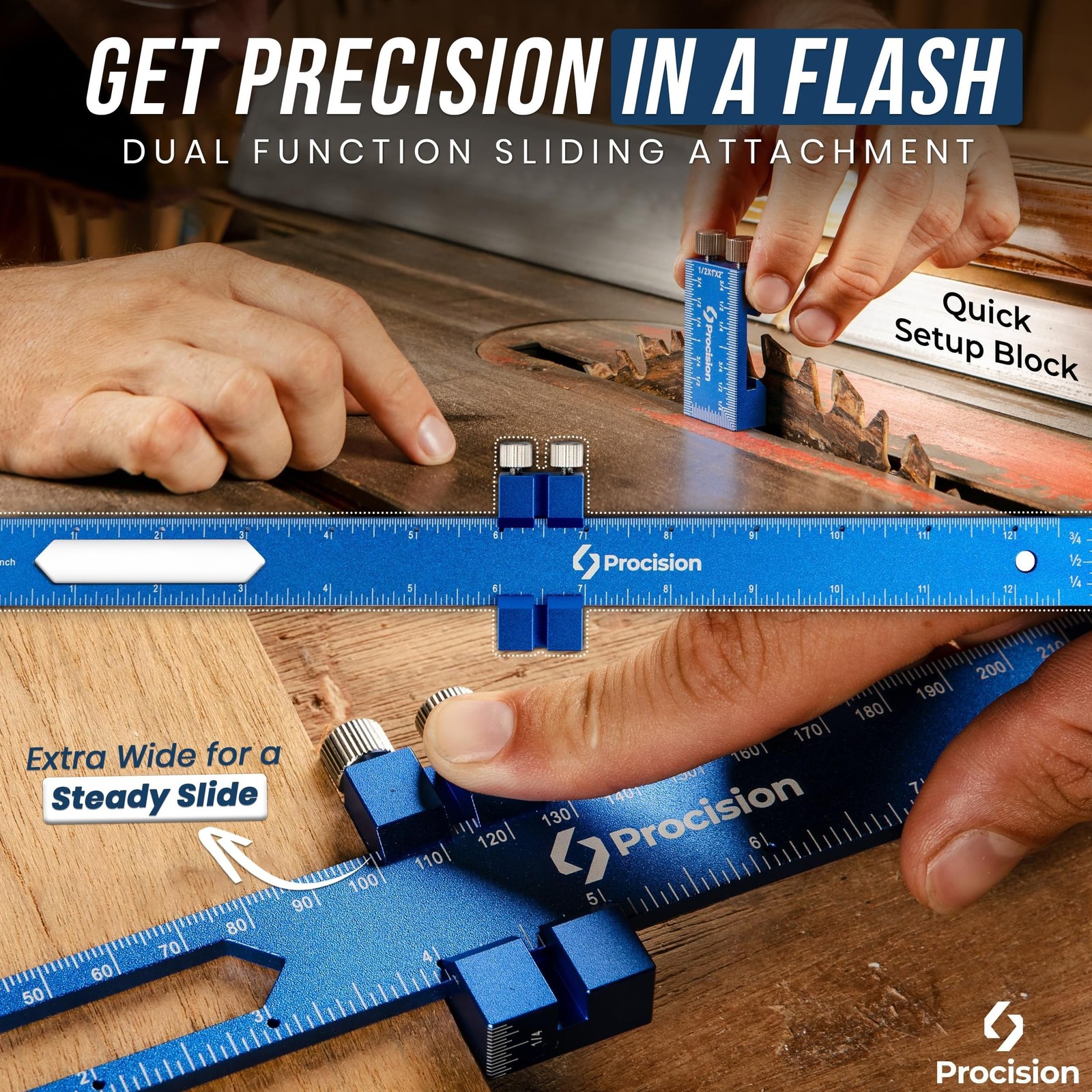 Procision Woodworking Set of 3 Rulers (12, 8, 6 Inch) with Extra Wide 2″ Slid…