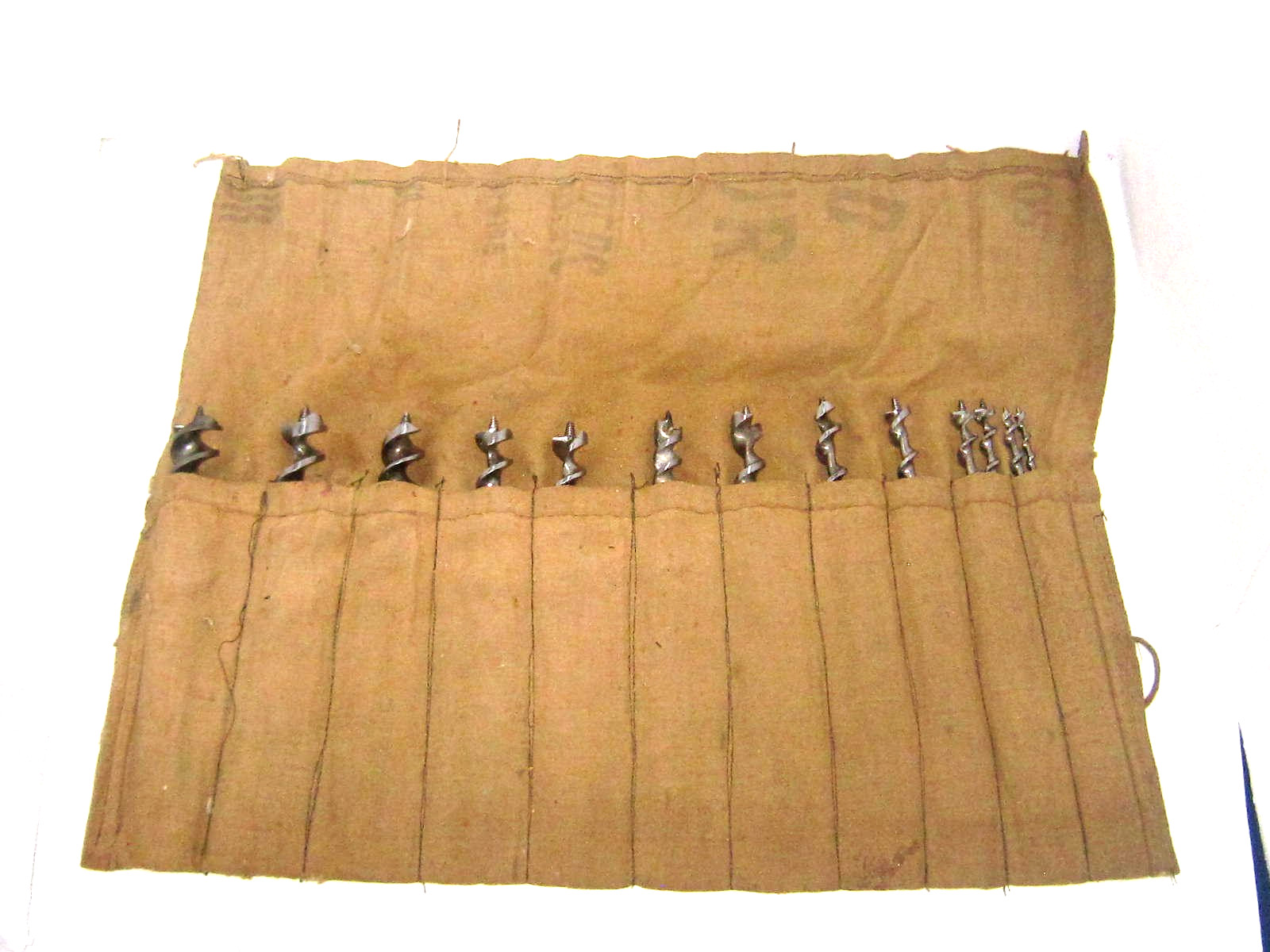 Vintage Lot of 14 Assorted Mfg Auger Drill Bits Canvas Bag/Jennings, Irwin, etc