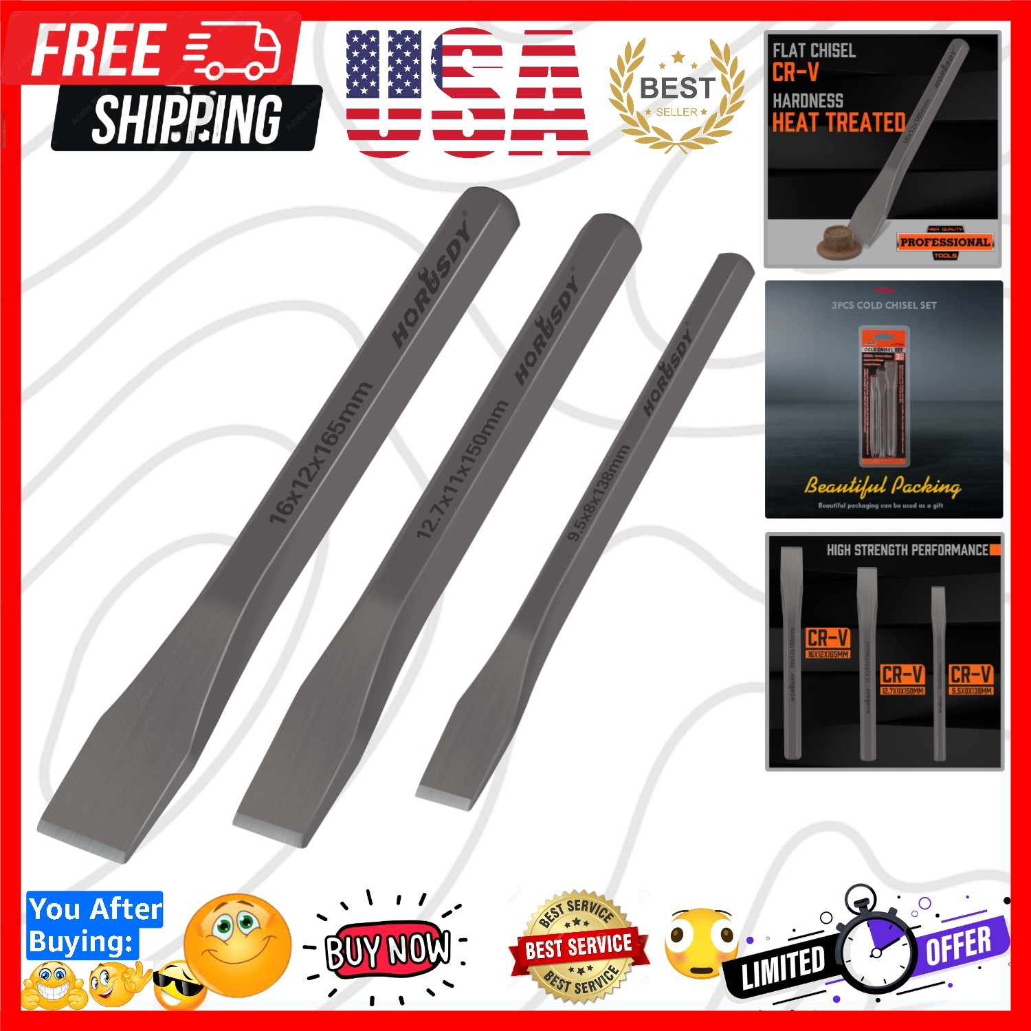 3-Piece Heavy-Duty Cold Chisel Set, 3/8″, 1/2″, 5/8″ Metal Chisels, Drop-Forg…