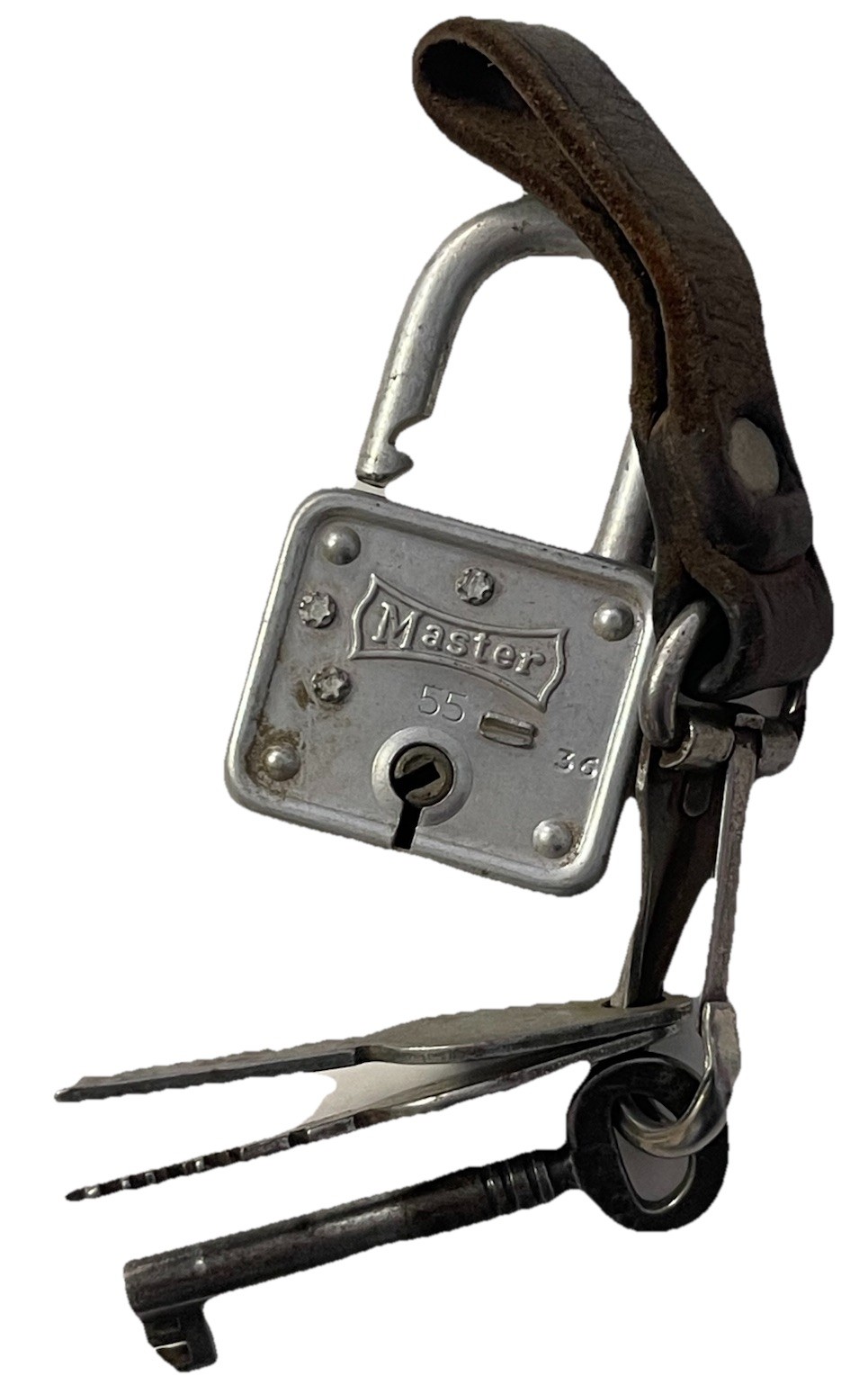 Vintage Antique Master Lock Lot Of 3 Keys And Old Leather Fob Keys Dont Fit Lock