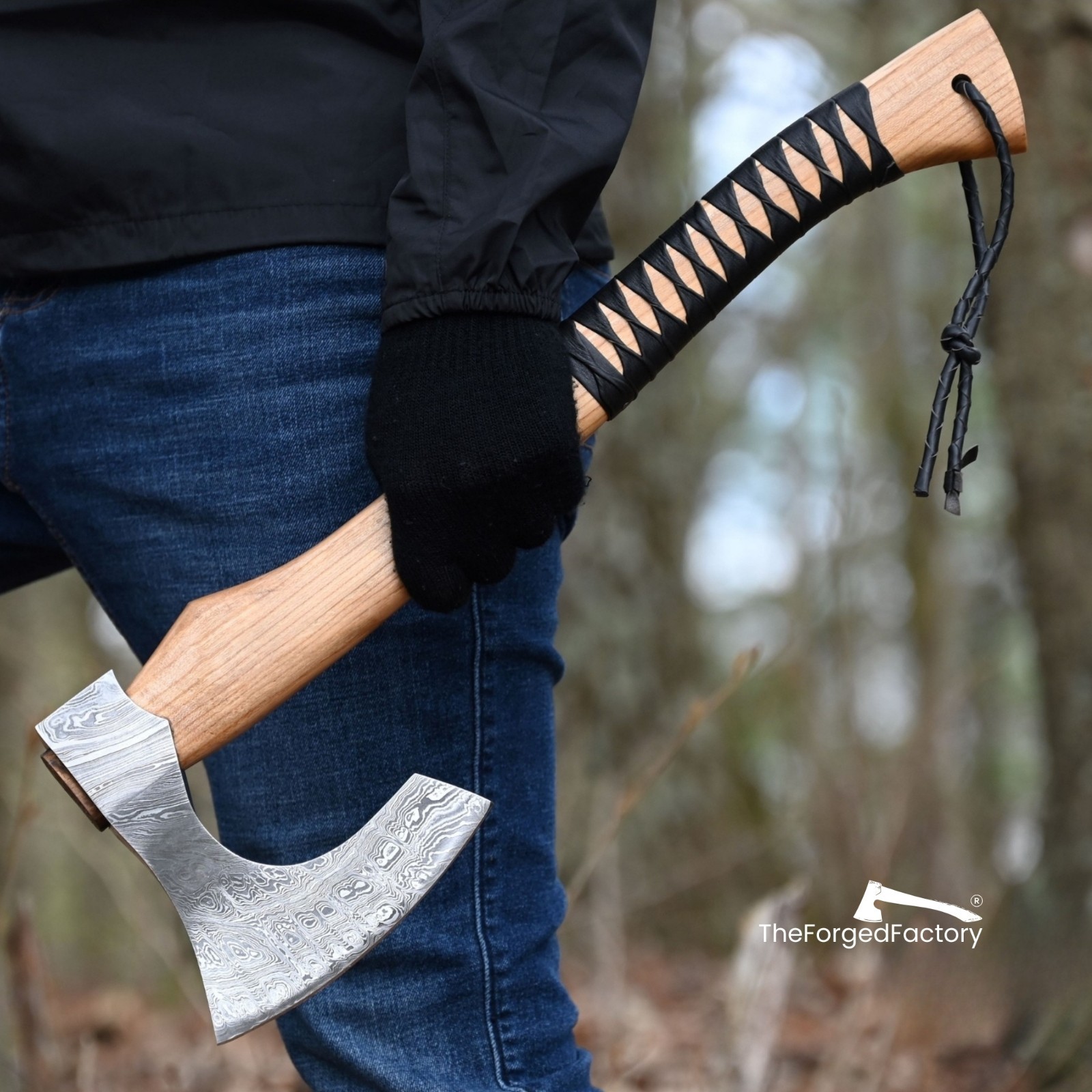 Handmade Damascus Steel Forged Hatched Viking Outdoor axe, Leather Warping
