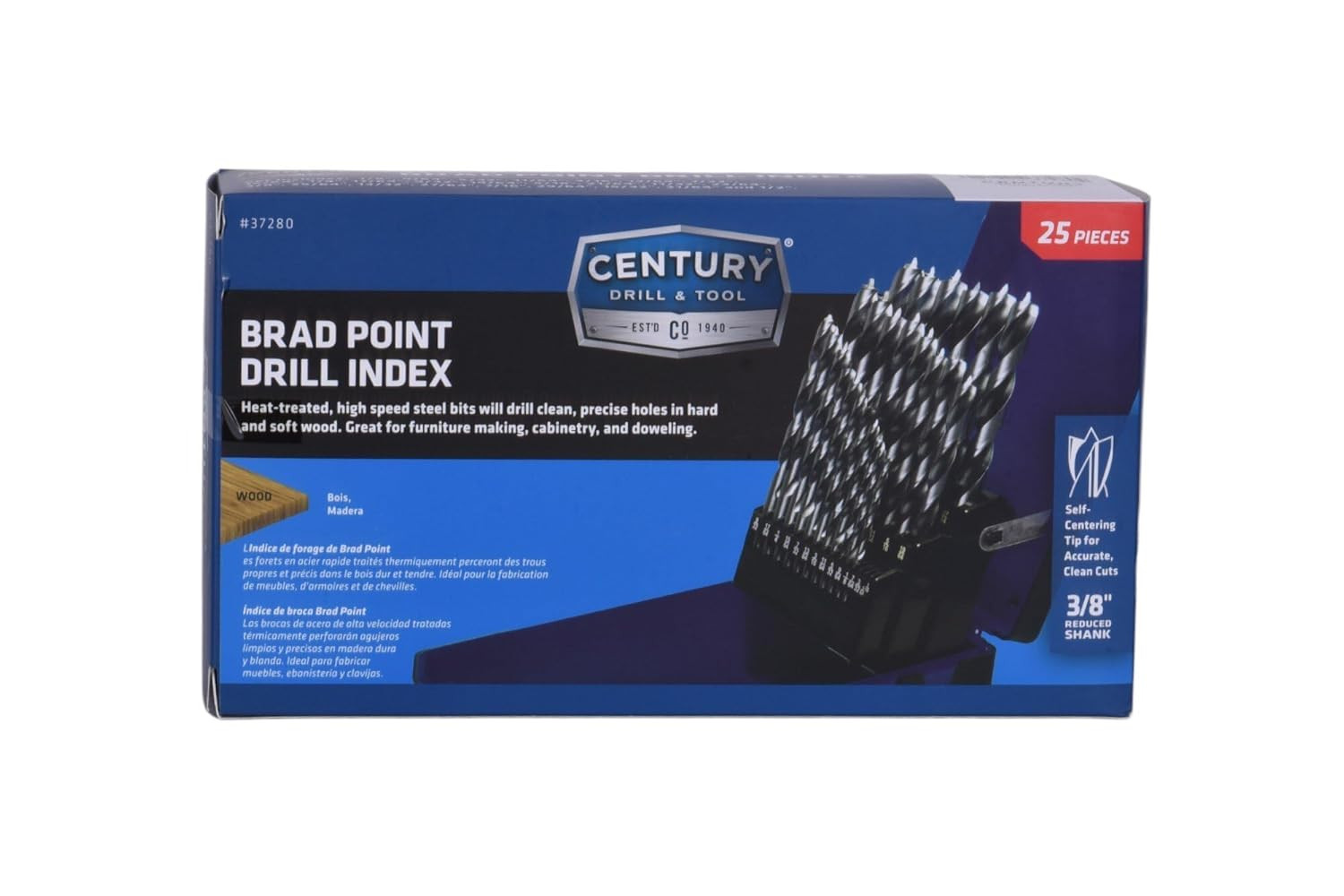 – 25-Piece Fractional High Speed Steel Brad Point Wood Drill Bit Index Set – Per