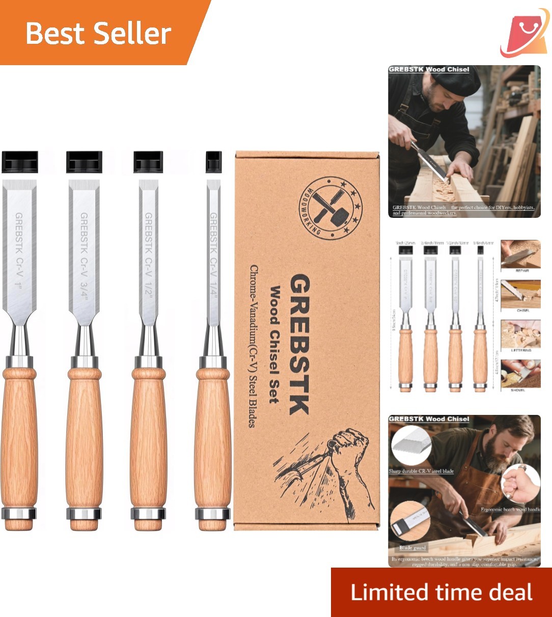 Wood Chisel Set CRV Steel Bevel Edges 4 pcs for Carpentry and DIY
