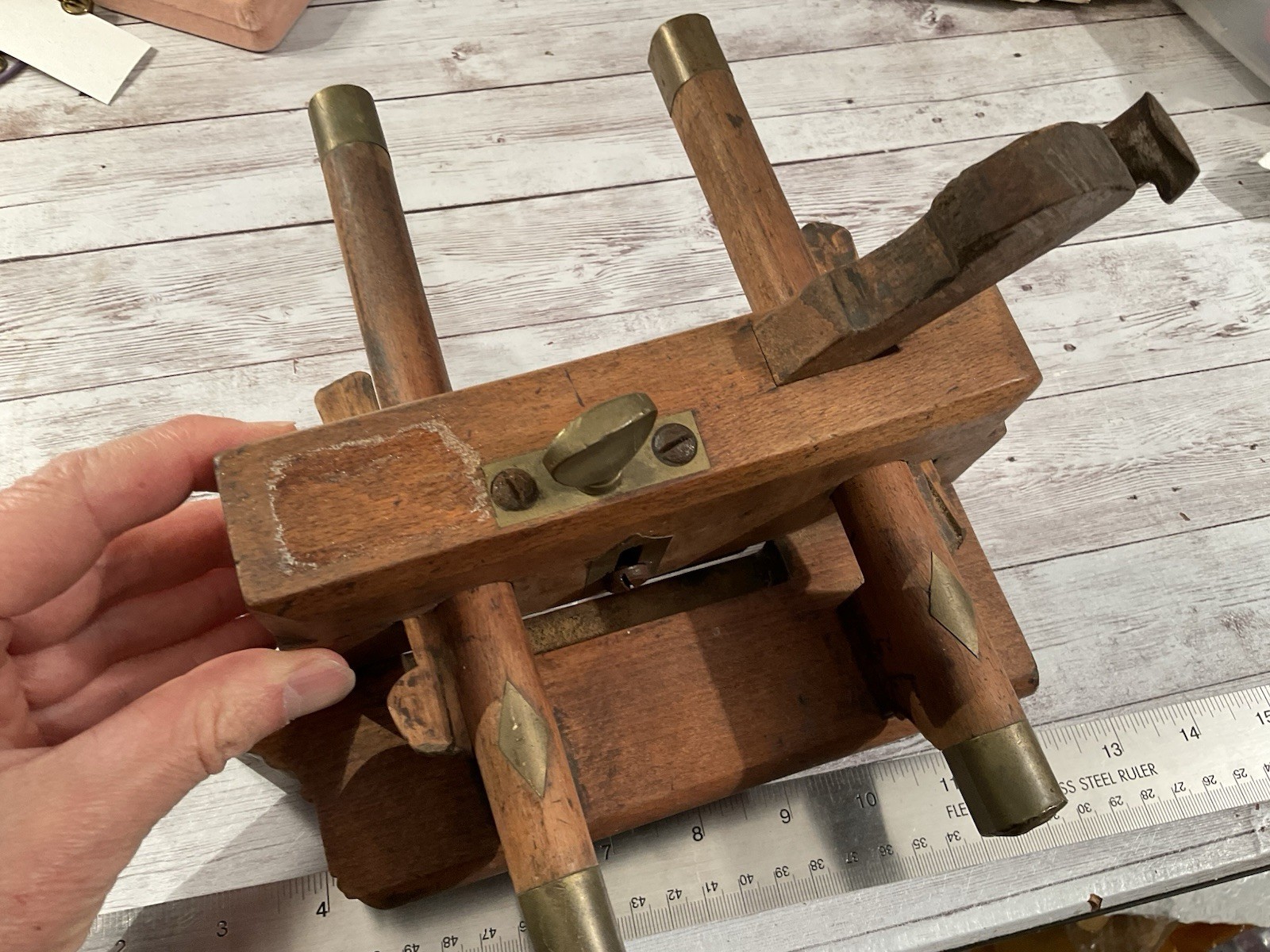 ORIGINAL BIG ANTIQUE WOOD BRASS PLOUGH PLANE – STAMPED NAMES