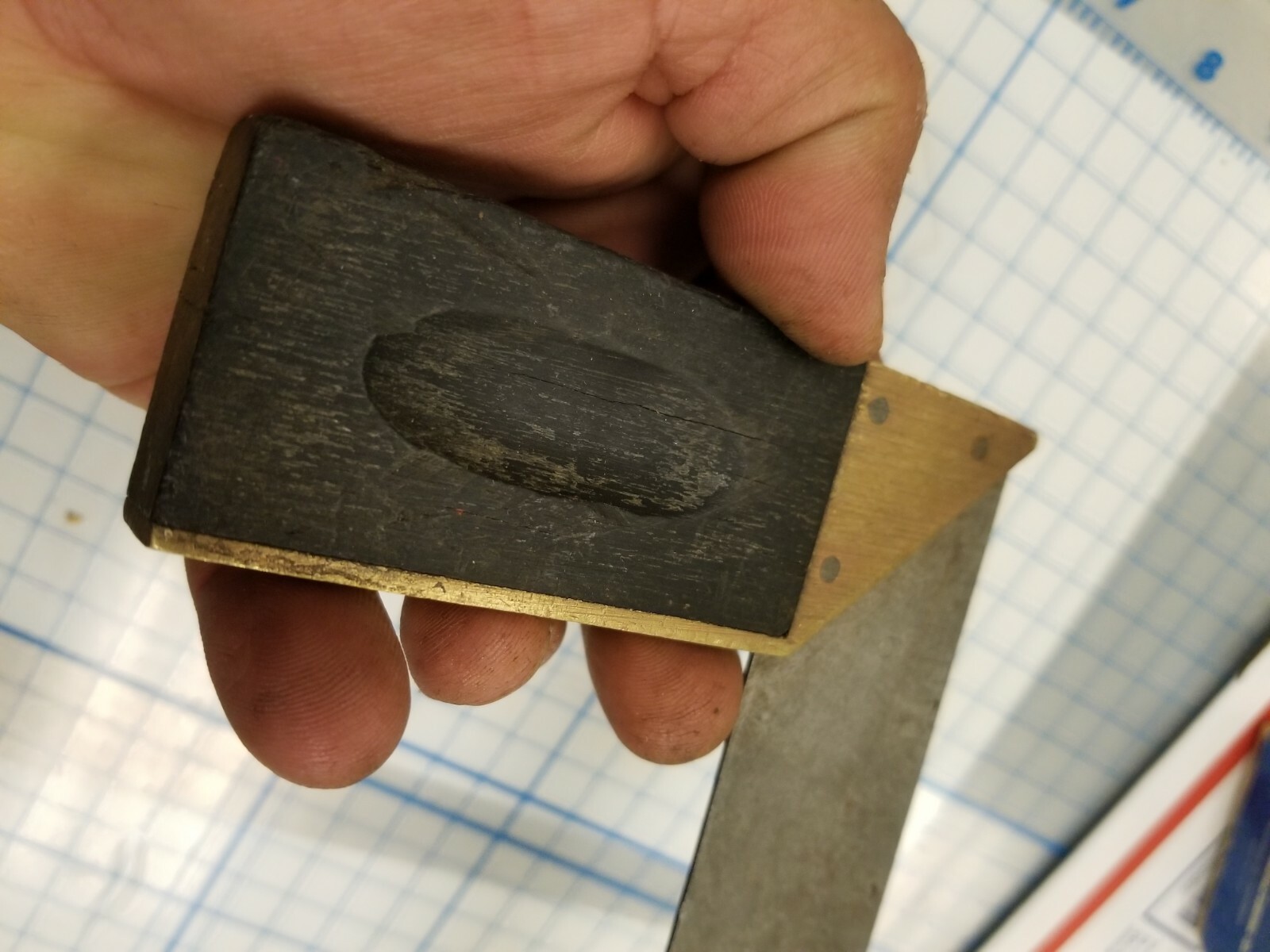 Vtg 6 1/2″ square Ebony? wood and brass Unmarked carpenter Tool