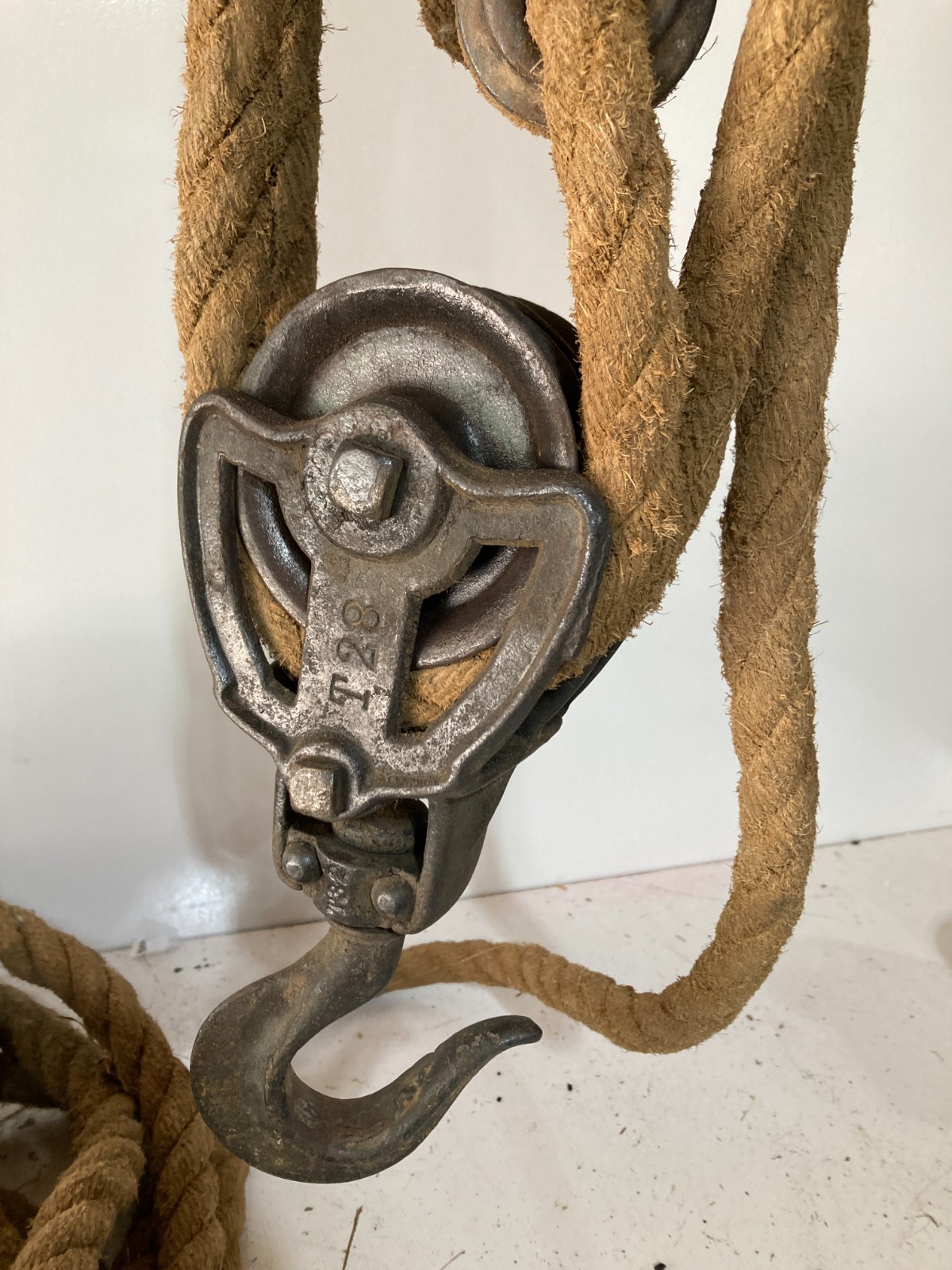 Antique Cast Iron Block & Tackle Double Pulley Set w/ Rope, & Working Rope Lock