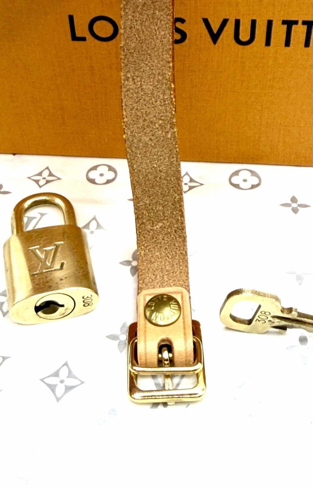 Authentic Louis Vuitton Lock & Key #308 with LV Vachetta Strap from Luggage Tag