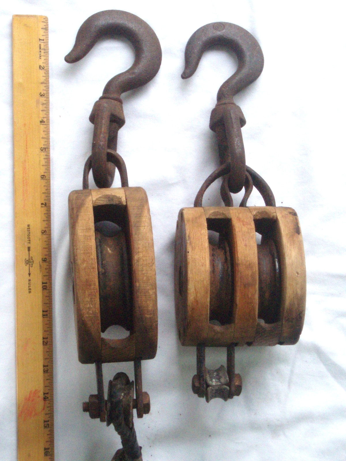 Vintage Madesco Wooden Block & Tackle Set, 1) Single 15″ & 1) Double 13″ Pulley