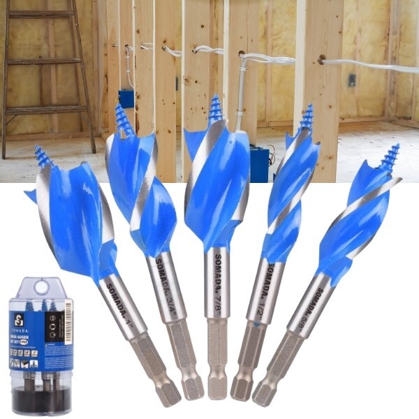 SOMADA Auger Drill Bit Set, 5-Piece, 1/2″, 5/8″, 3/4″, 7/8″ and 1″ Inch Size
