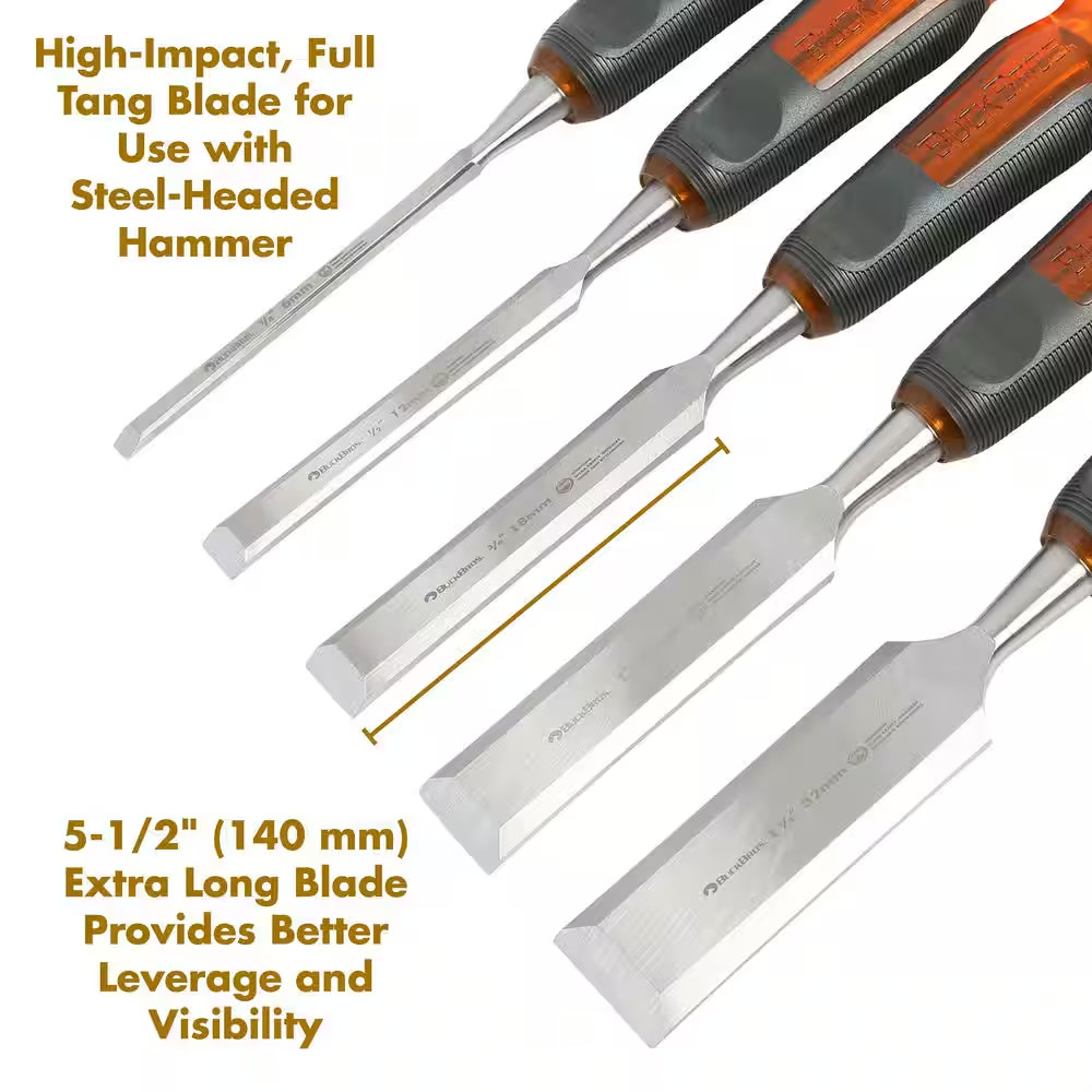 Pro ¼ In. ½ In. 3/4 In. 1 In. and 1-1/4 In. Full Tang Wood Chisel Set (5-Piece)