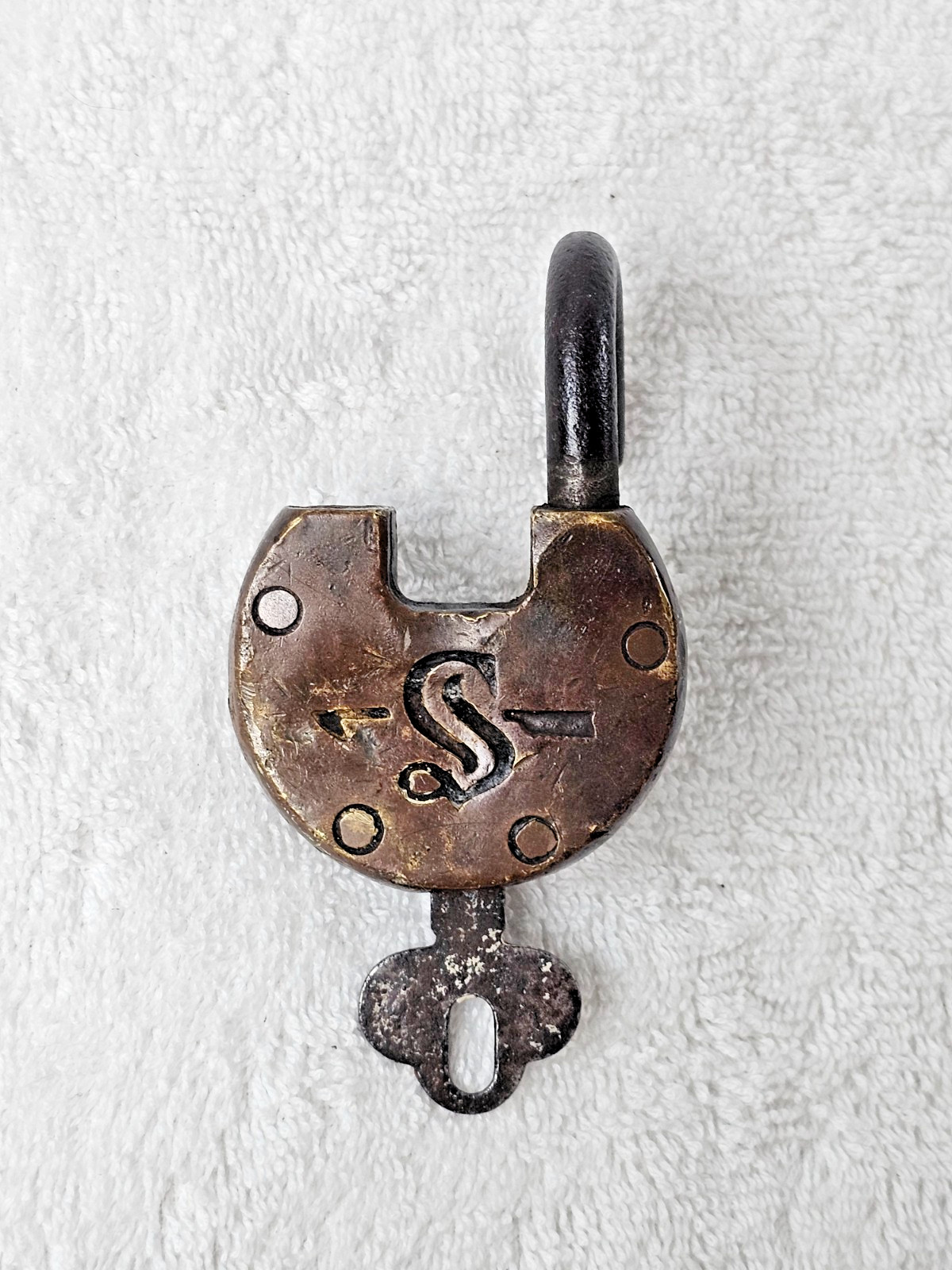 Antique Simmons Hardware Co Brass Pancake Padlock Lock Working Key Arrow S Logo