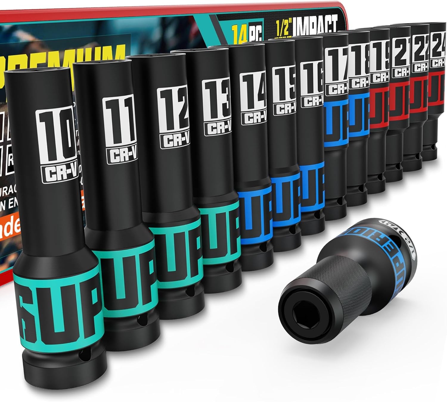 14-Piece 1/2″ Drive Impact Socket Set, 10-24mm Thicker Deep Sockets with Storage