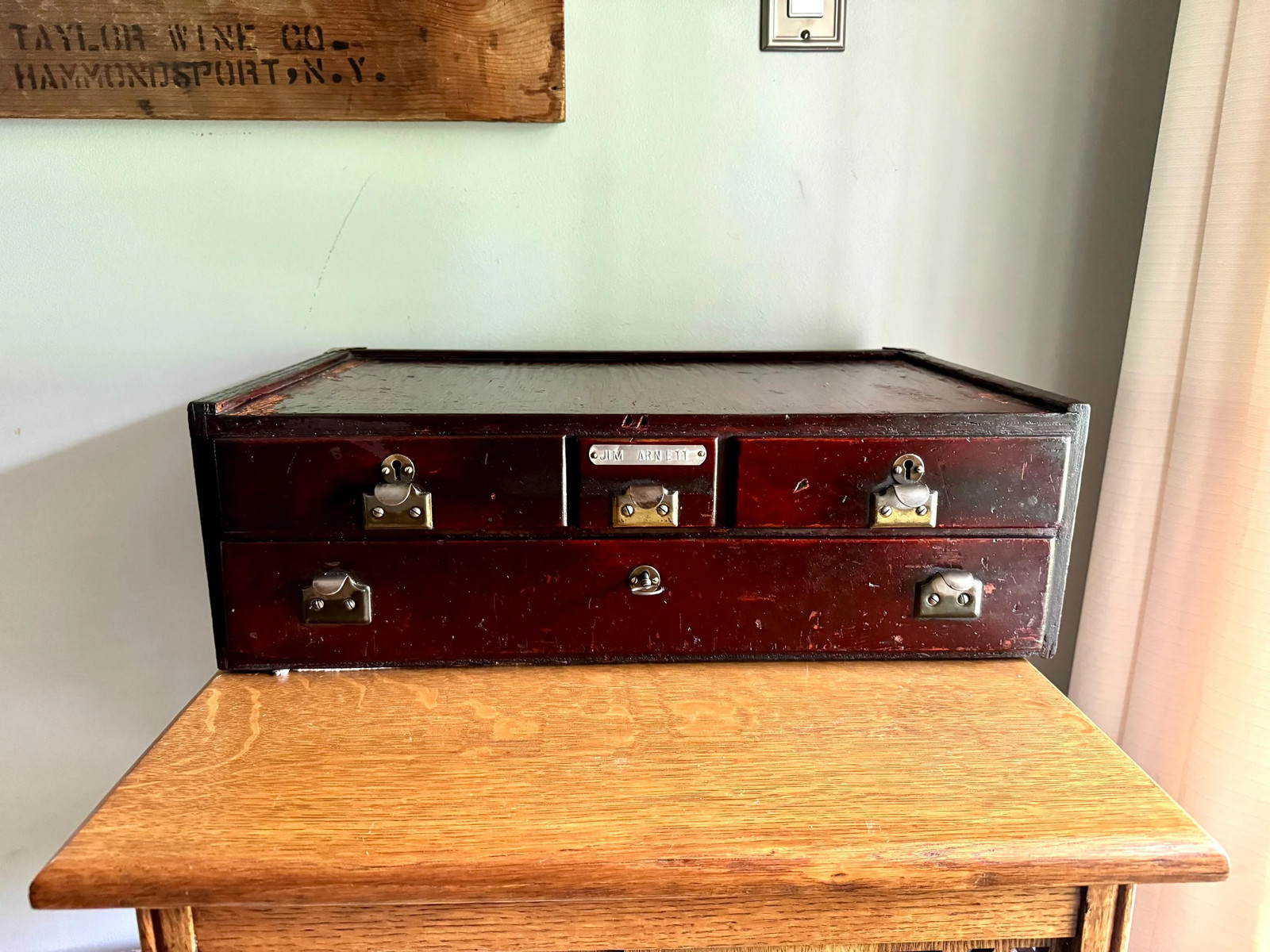 Antique Wood 4 Drawer Cabinet | Wood Countertop Locking Cabinet Drawers