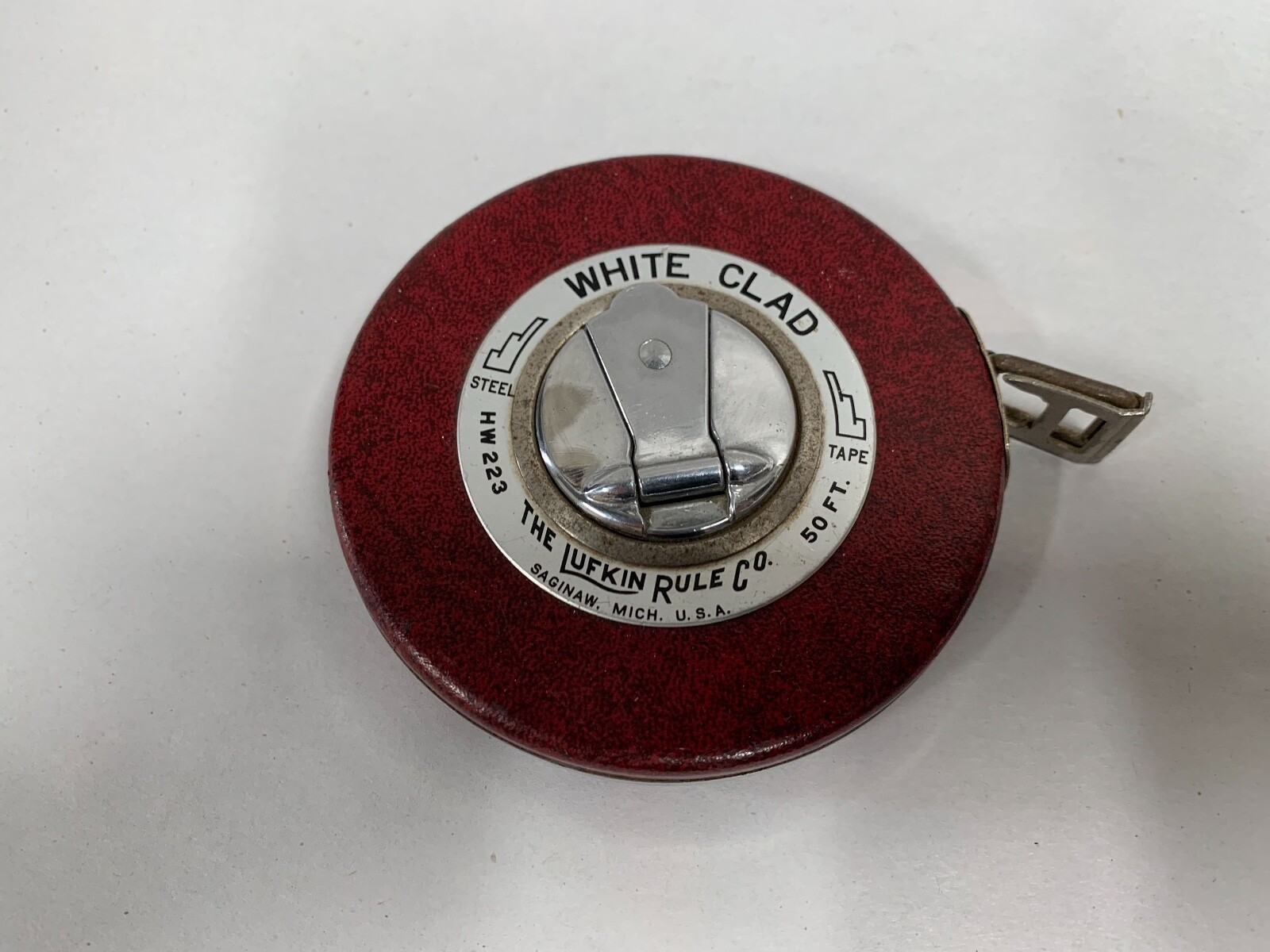 Vtg Lufkin Rule Co White Clad HW 223 50′ Feet Tape Measure In Leather Case (A5)