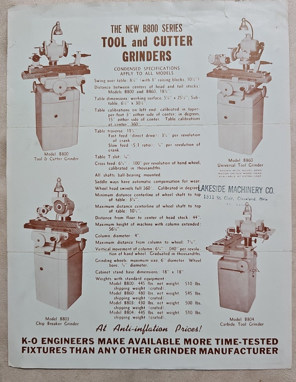 Vintage K O LEE TOOL GRINDERS Advertisement LAKESIDE MACHINERY CLEVLAND OHIO ’51