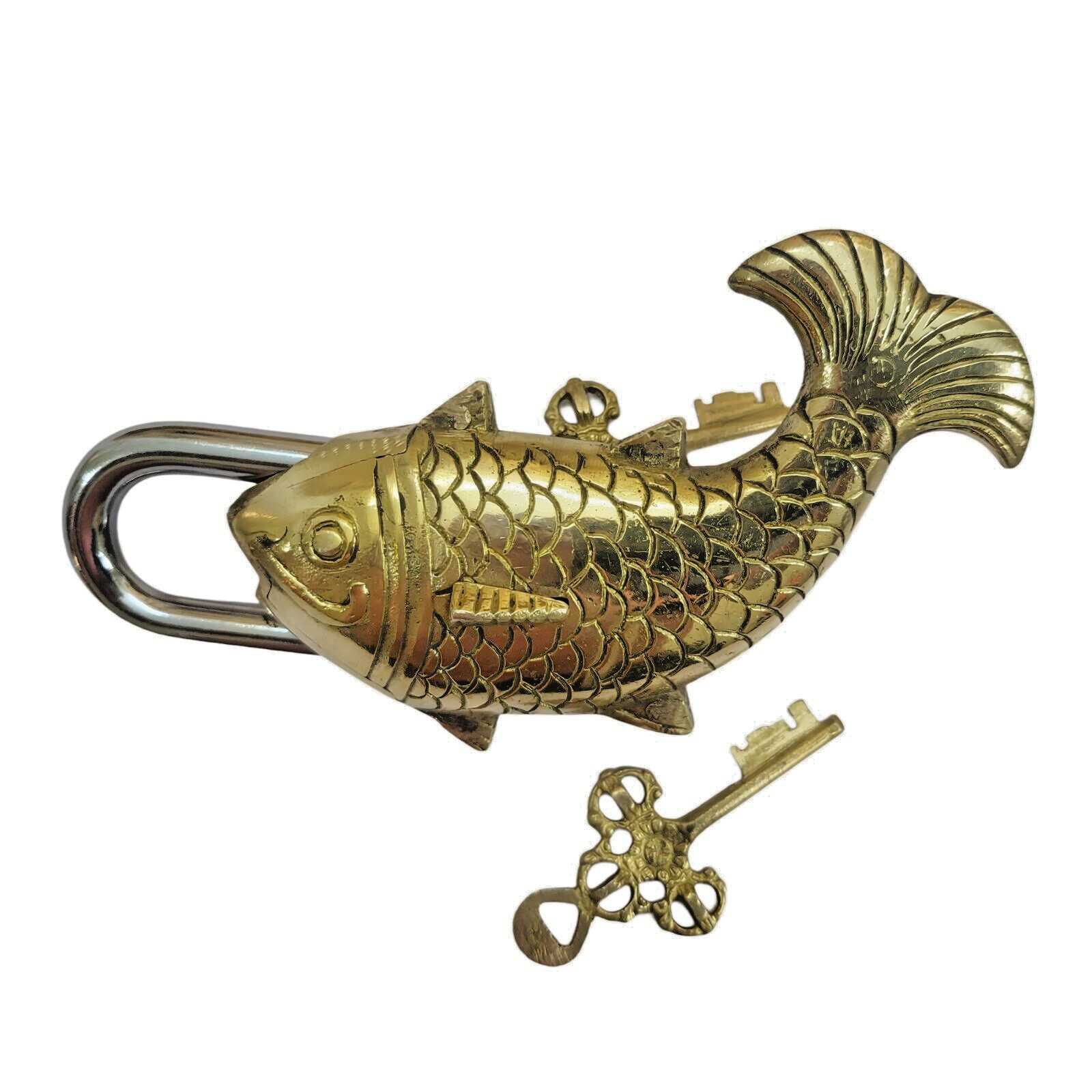 Antique Padlock Brass Hand Crafted Working Decorative Big Fish Shape Padlock