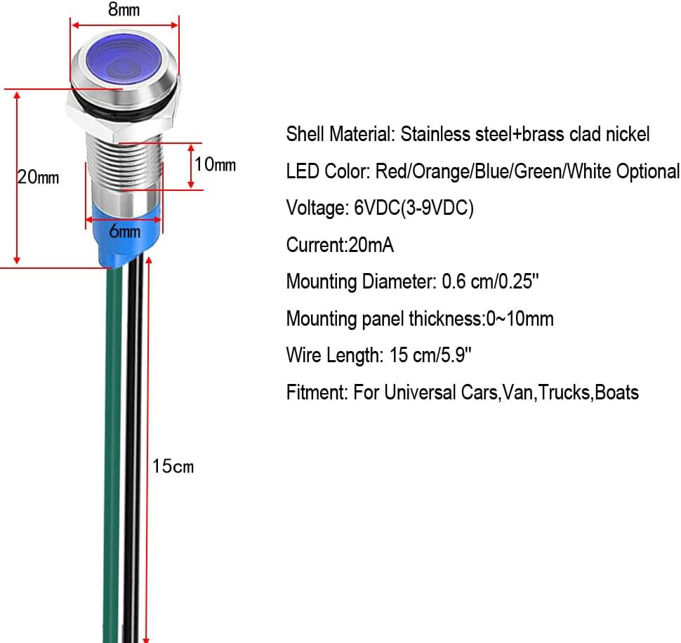 6mm 3V-4.5V-5V-6V-7.5V-9VDC Waterproof Signal Lamp with Wire LED Metal Blue