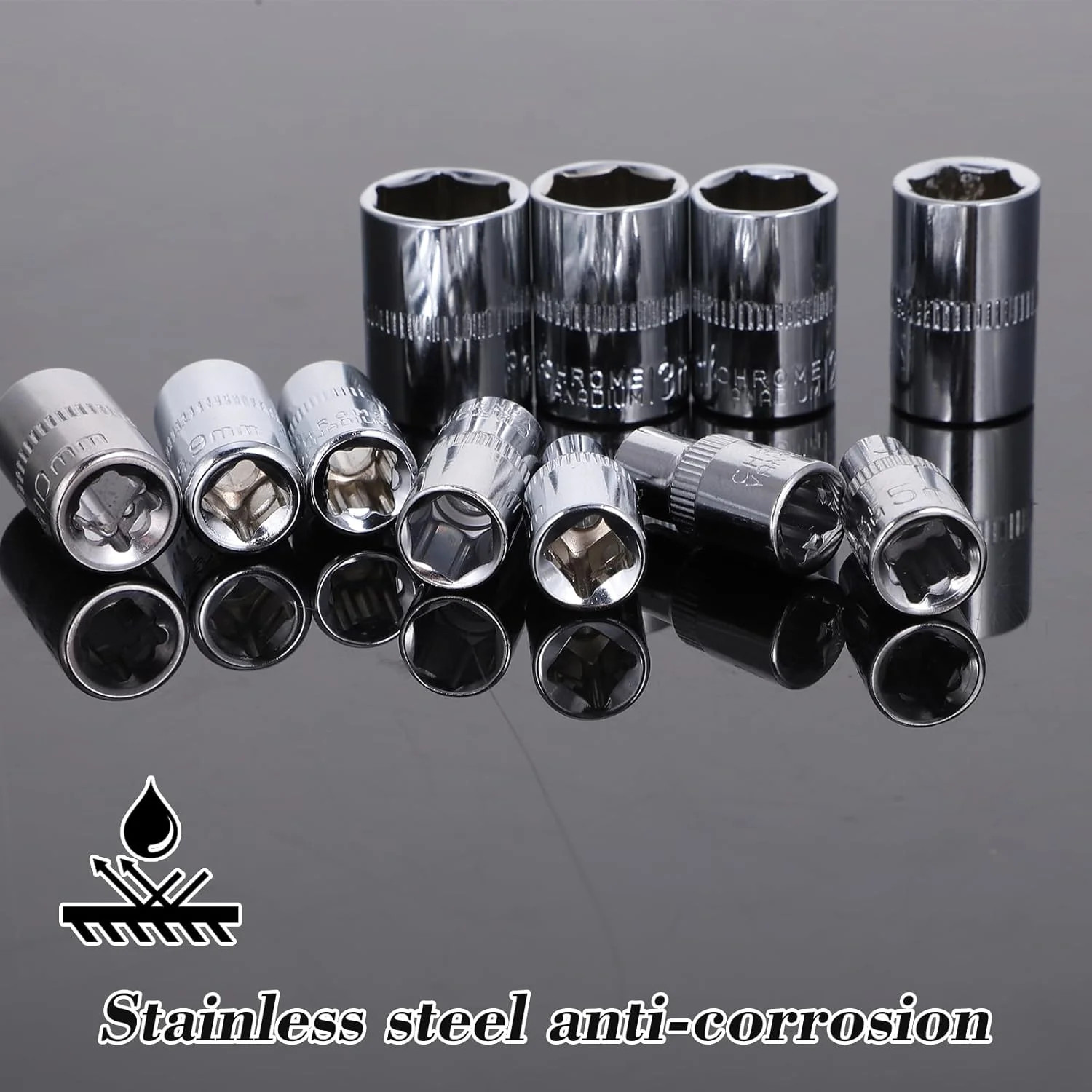 11 Piece Silver Carbon Steel Socket Set, 1/4″ 6-Point Drive Metric Socket Set, M