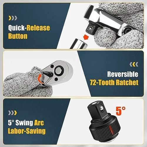 6-Pc Flex Head Ratchet Set 1/4 3/8 1/2In Drive 72-Tooth 180° W/ Extension Bar