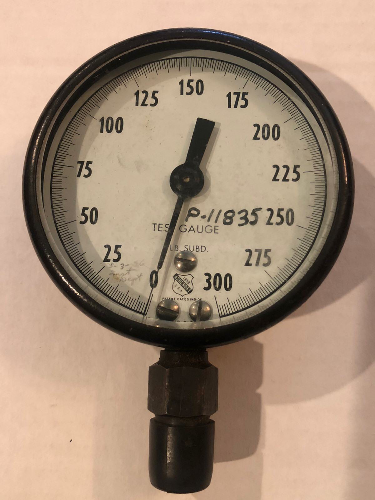 Vintage Ashcroft Pressure Gauge 300 PSI Glass Industrial Use Lower Mount Nice