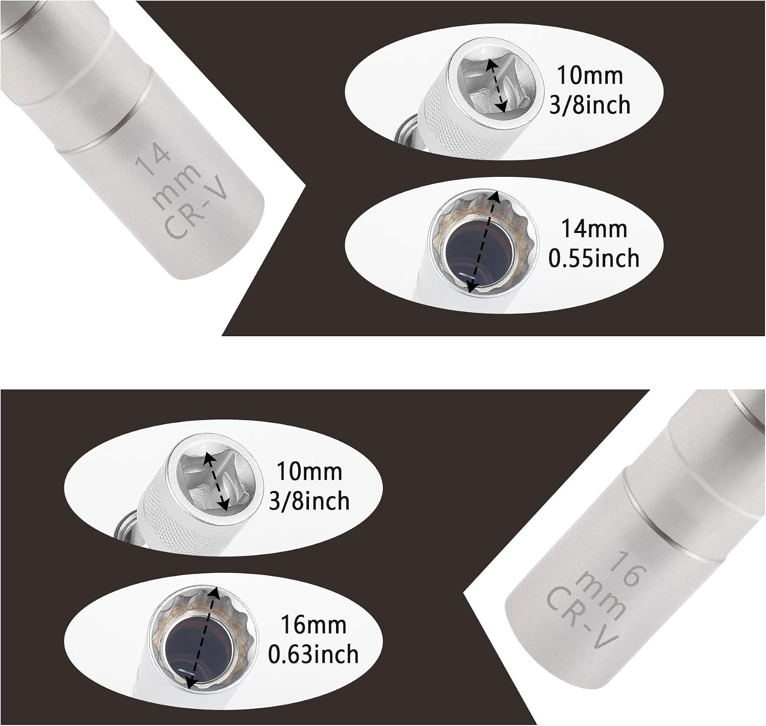 Spark Plug Socket, Thin Wall 12 Points, 3/8″ Drive, 16mm/14mm