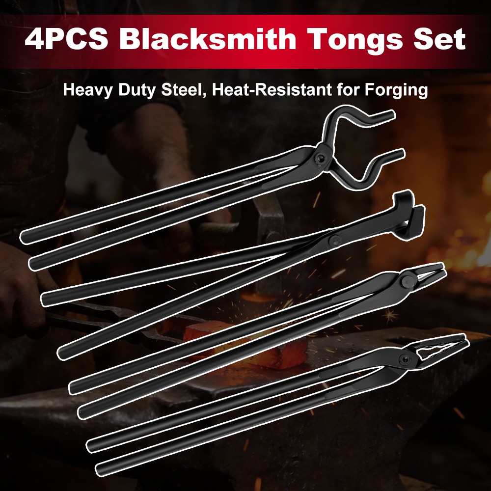 4PCS Blacksmith Tongs Set, Heavy Duty Steel for Knife Making, Blacksmithing Tool