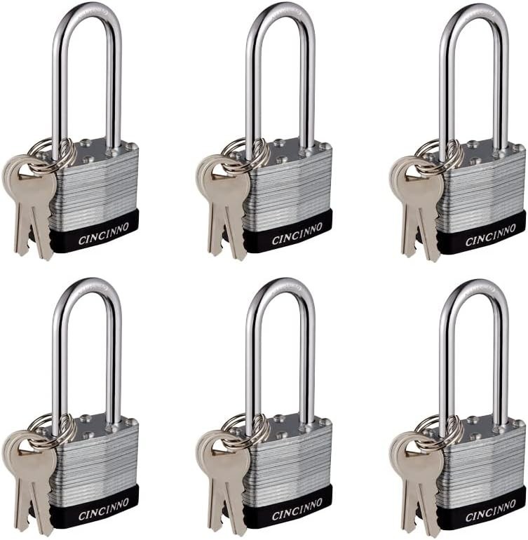 Laminated Steel Padlock Set – 6 Heavy Duty Keyed Alike Locks with Long Shackles
