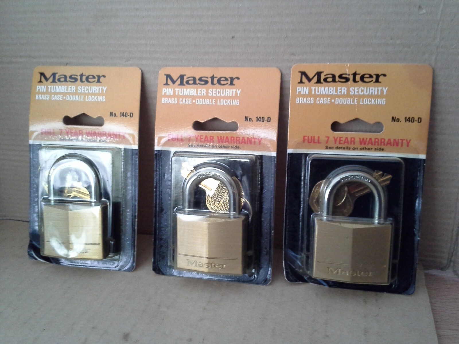 VTG. 3PK Master Lock 140-D 5-Pin Tumbler Brass Case Security Lock. NOS