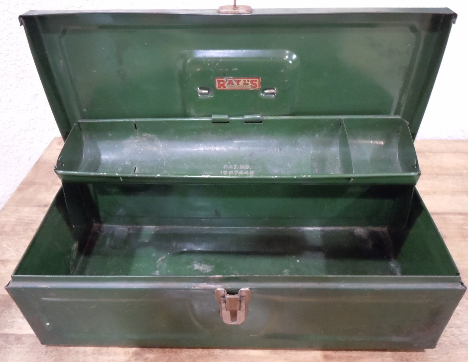 Vintage Green Rusty Metal Tool Box Original Patina Rayl’s Hardware Pat #1987448