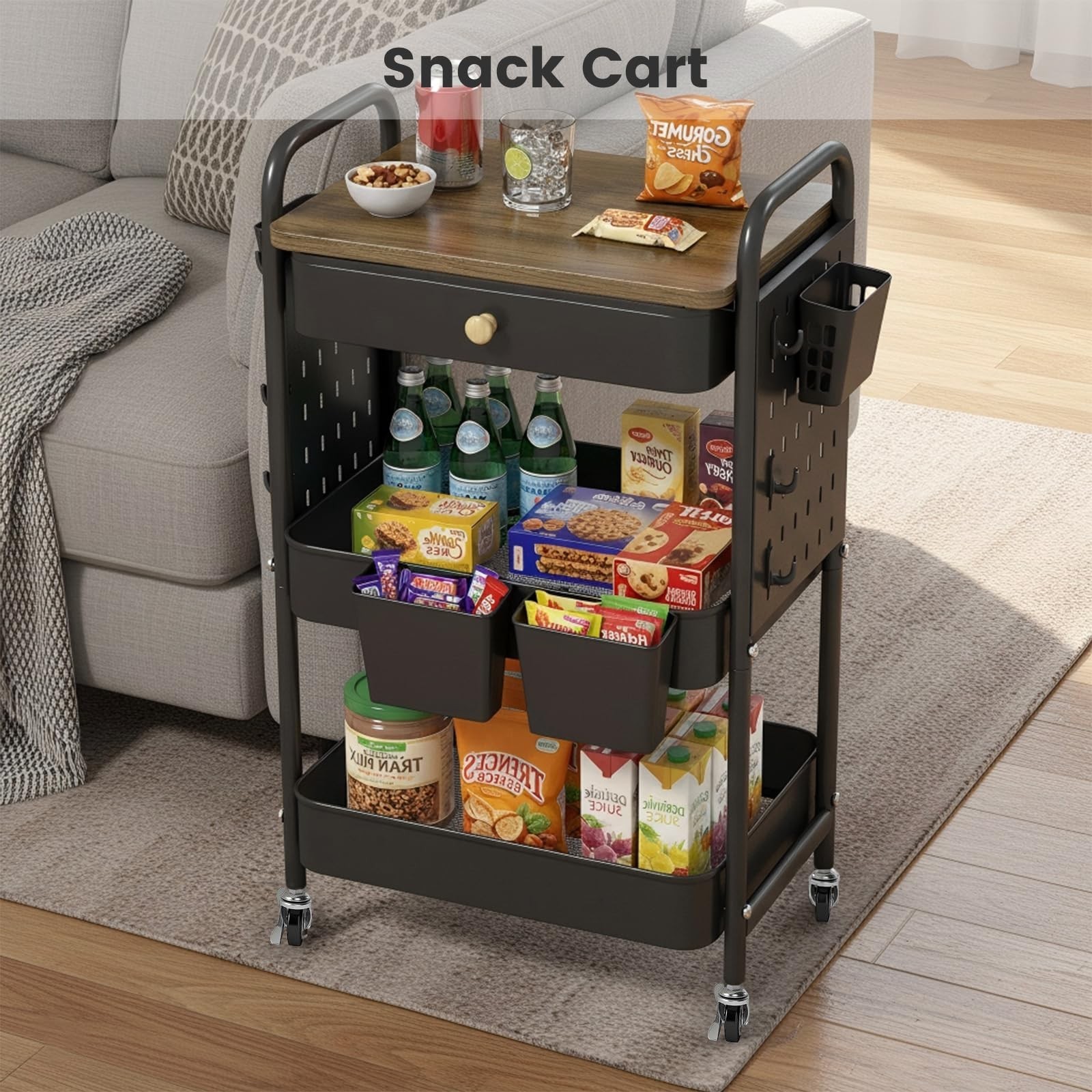 danpinera 3-Tier Rolling Cart, Metal Rolling Storage Cart with Wooden Table T…