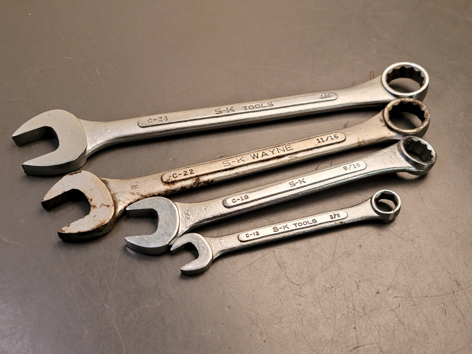 Lot of 4 Vtg S-K / S-K Tools / SK Wayne Combo Wrenches C24 C22 C18 C12 USA Made