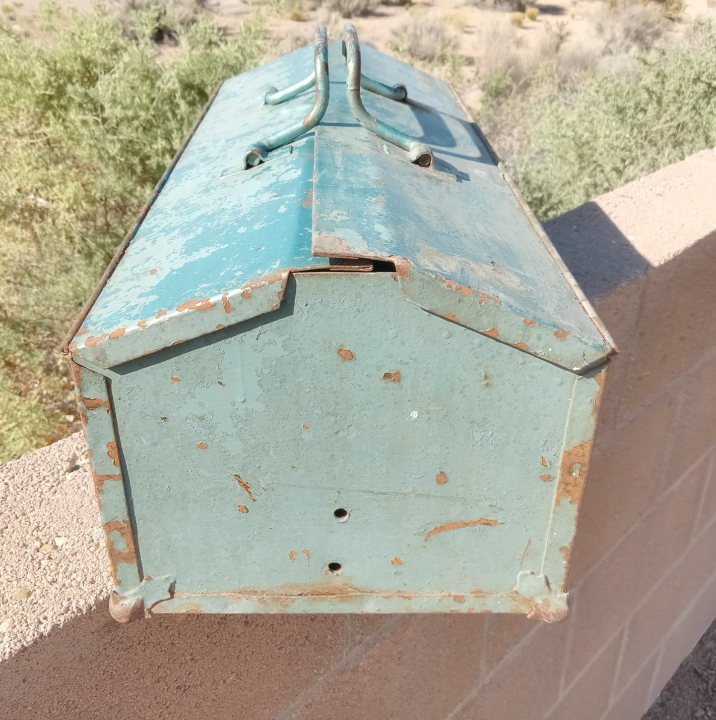 Antique RADNOR? METAL Hip Roof TOOLBOX with TRAY Tombstone USA Vintage
