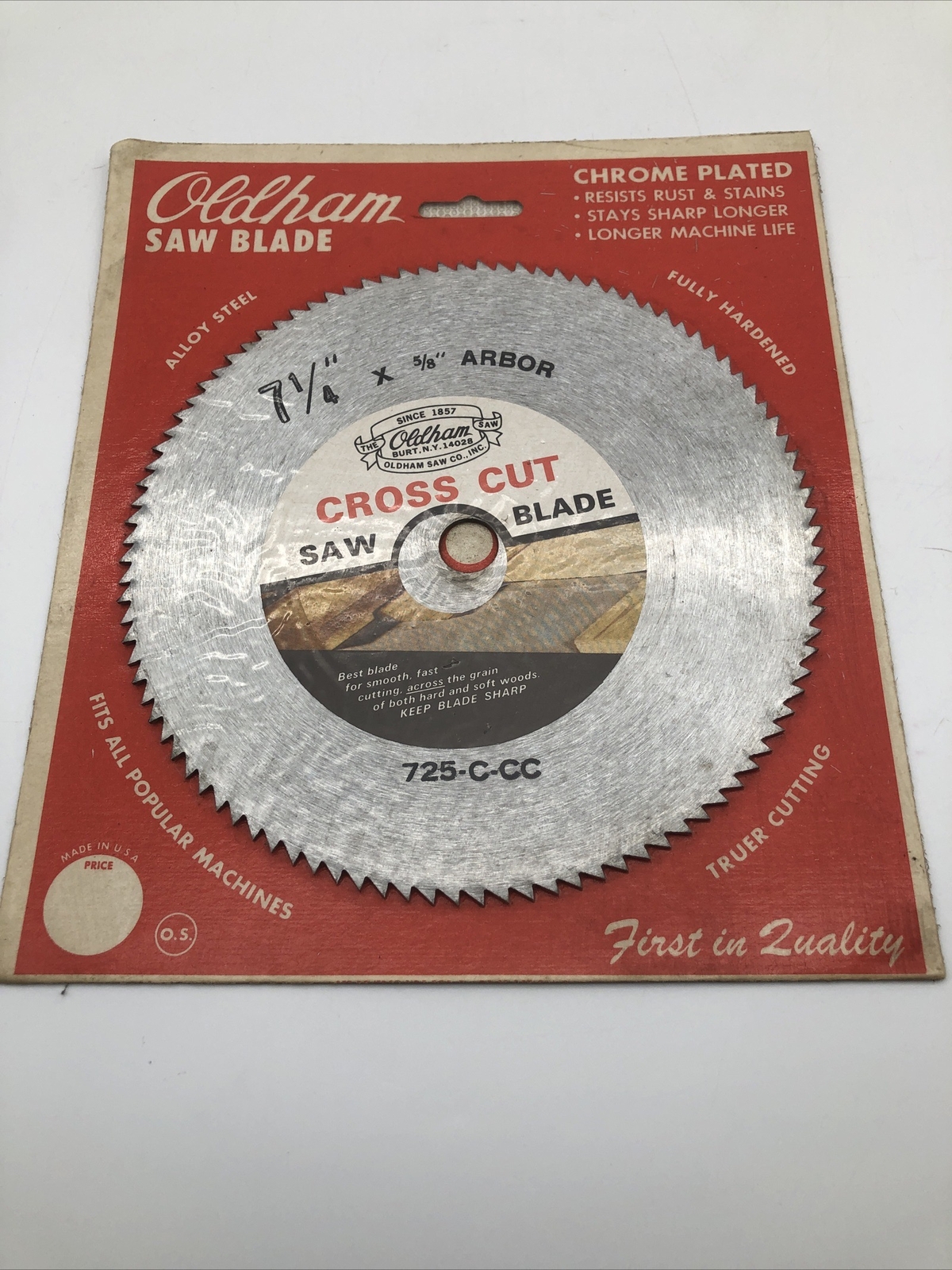 Vintage NOS Oldham Saw Blade Cross Cut 7.25″ Chrome Plated 5/8″ Arbor