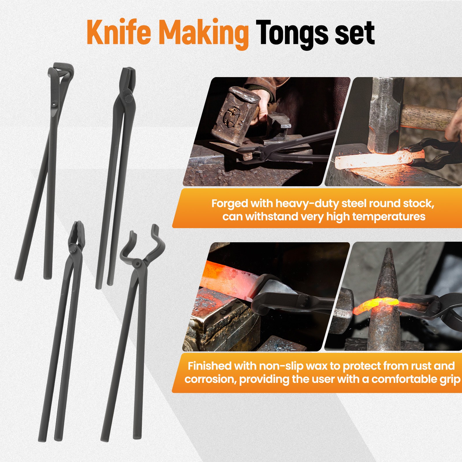 4pcs Forging Tongs Blacksmith Set Flat V Bit Blade Wolf Jaw Carbon Steel Kit