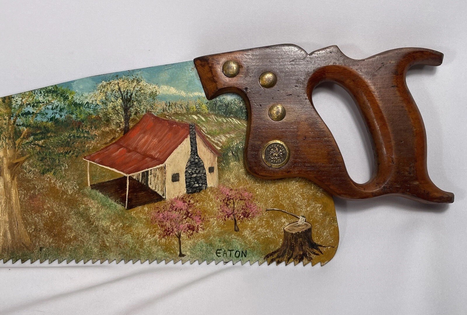 Vintage Hand Painted Saw Cottage Landscape Farm Scene Rustic Decor Signed Eaton
