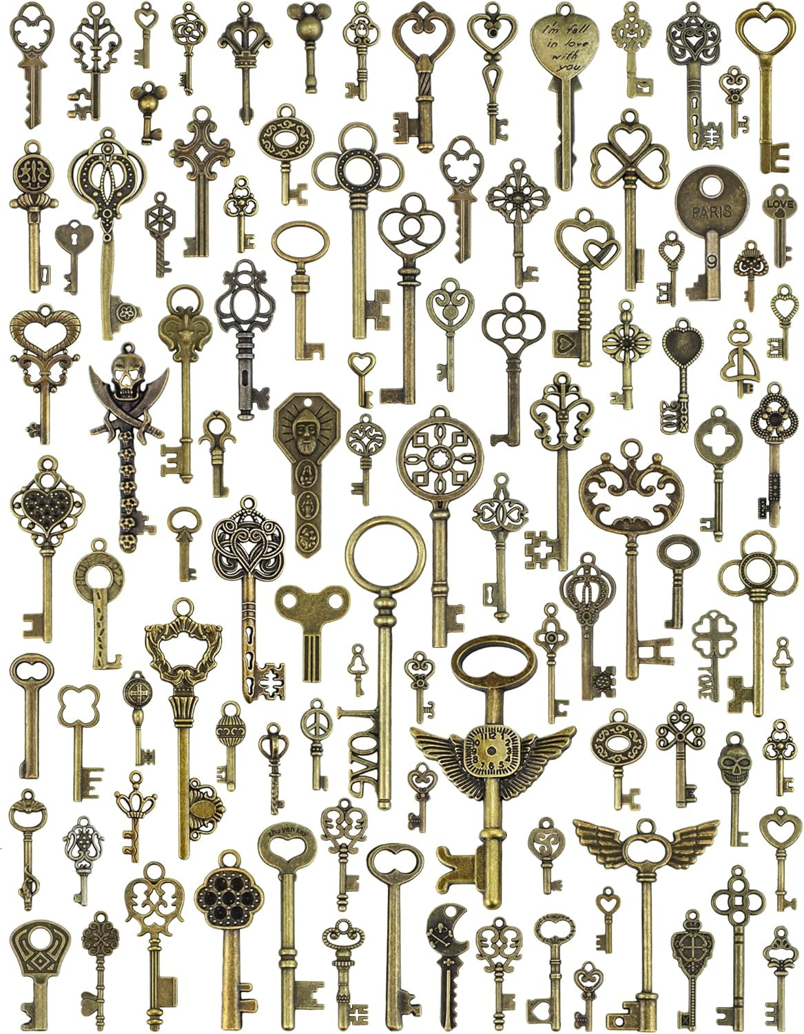 Vintage Skeleton Keys, Wholesale Bulk Lots Mixed Set of 100 Antique Bronze Br…