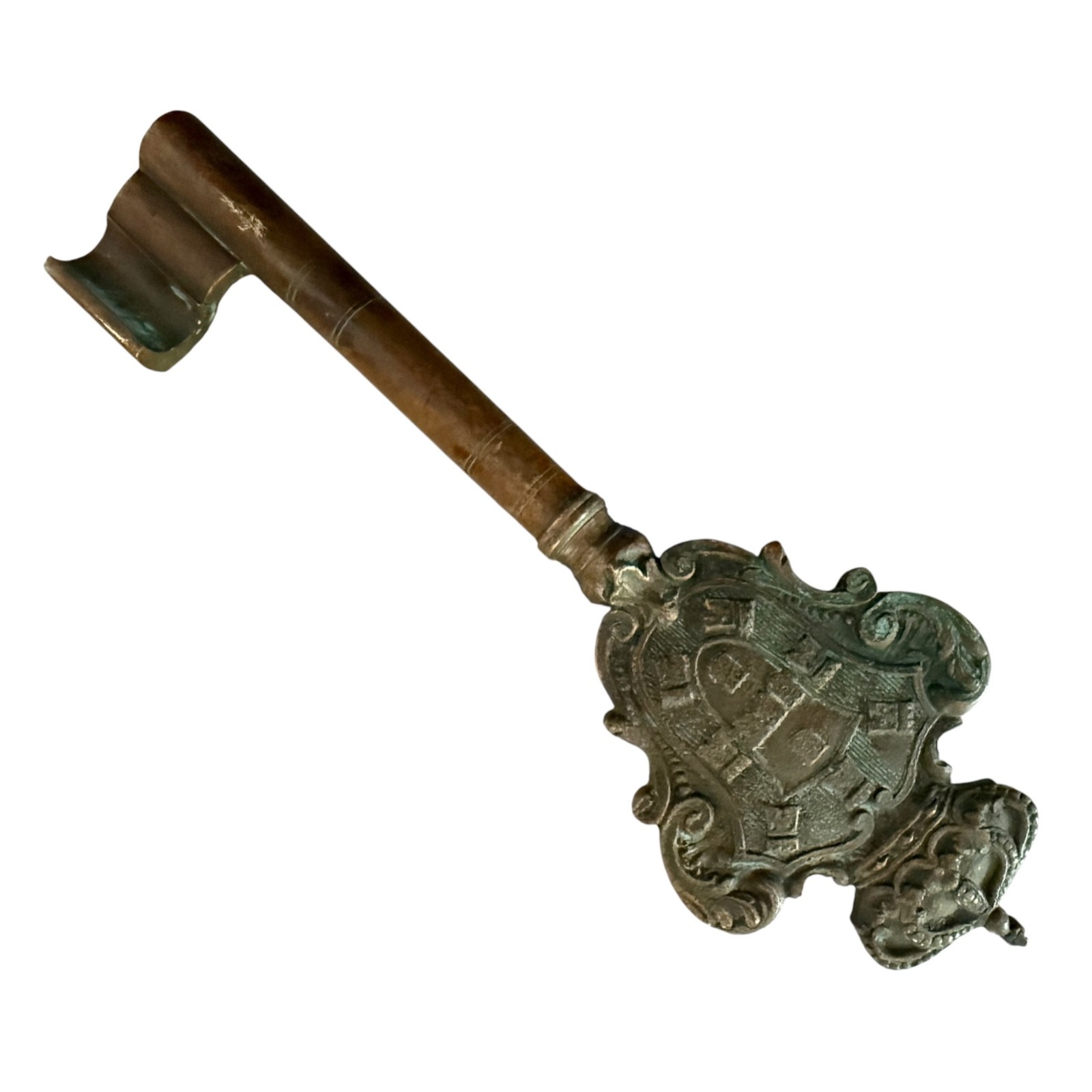 Vintage Portuguese Heraldic Brass Gate Key with Royal Coat of Arms