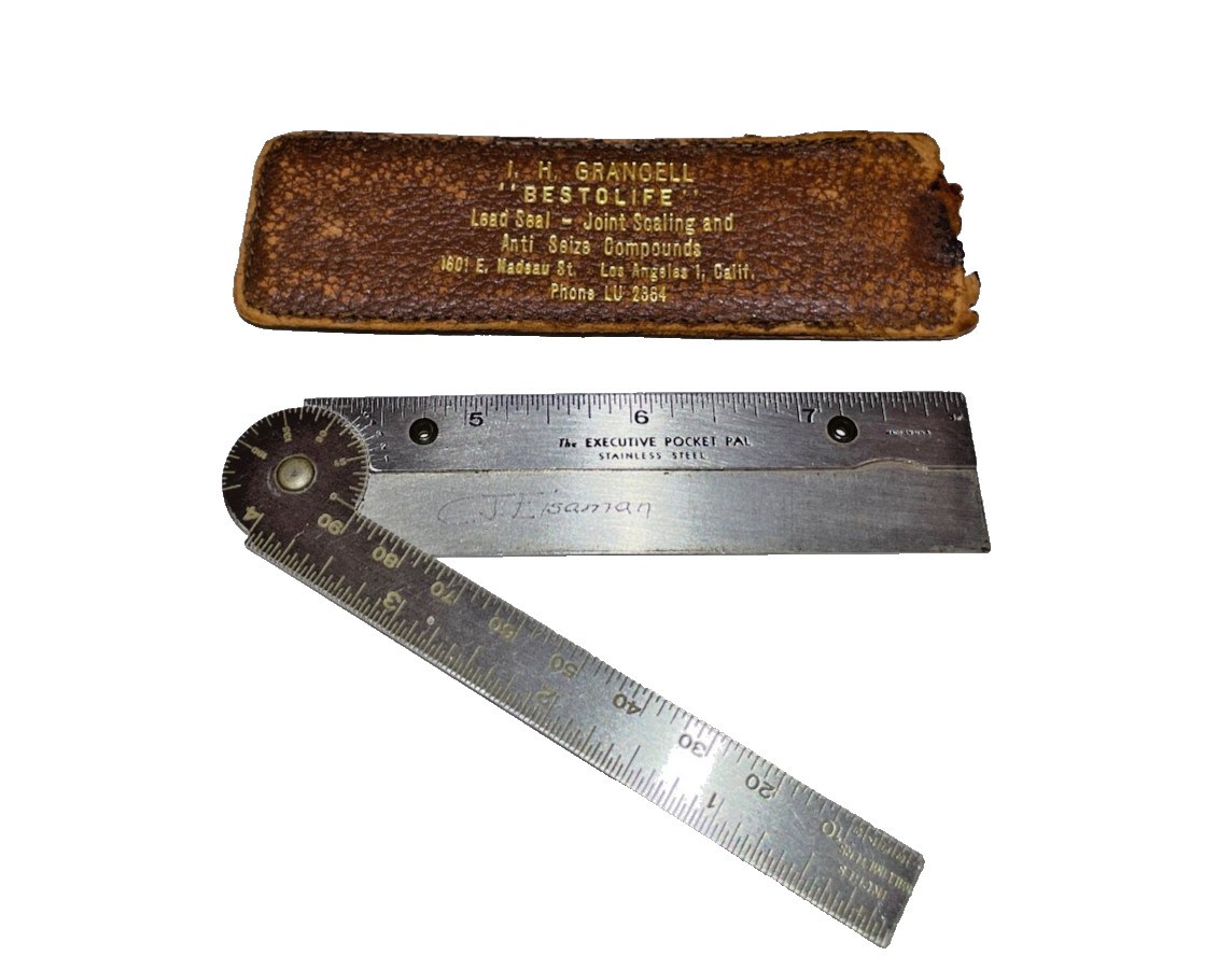 Vintage “The Executive Pocket Pal” Folding Ruler & ADVERTISING on Leather Case
