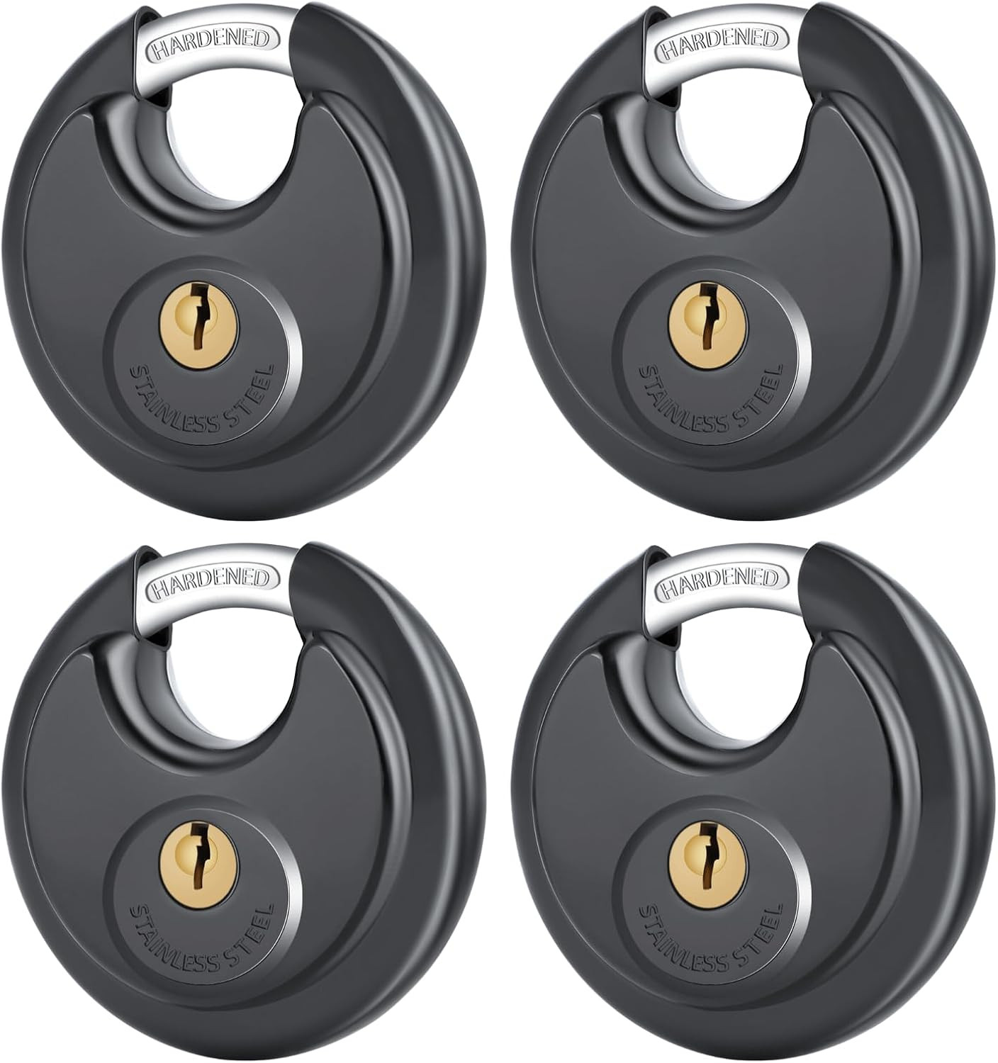 4 Pack Black Keyed Padlock, 3/8 Inch Shackle Stainless Steel Disc