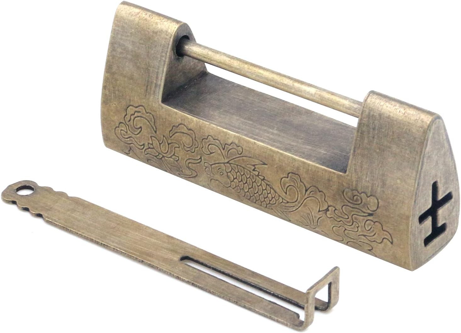 MY MIRONEY 2.95″ Vintage Carved Fish Horizontal Padlock Chinese Antique Brass Lo