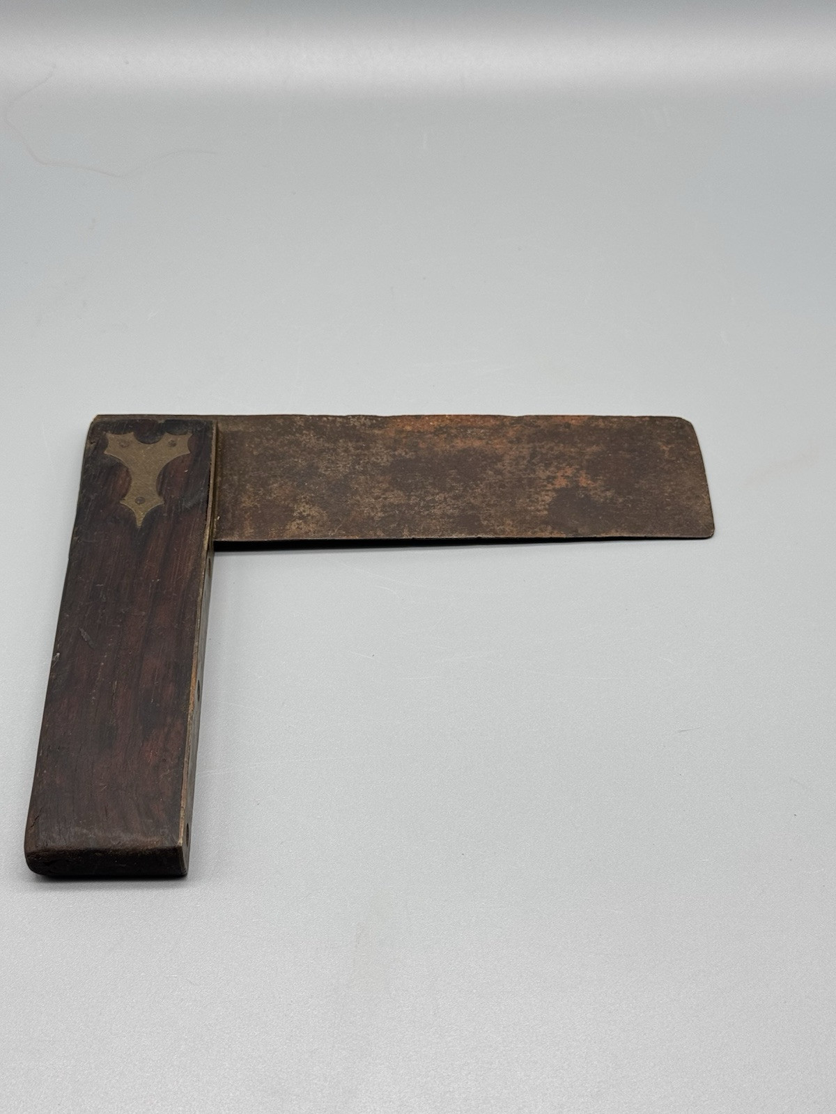 Antique Wood Carpenters Square Brass Inlay Measuring Tool 7.75”