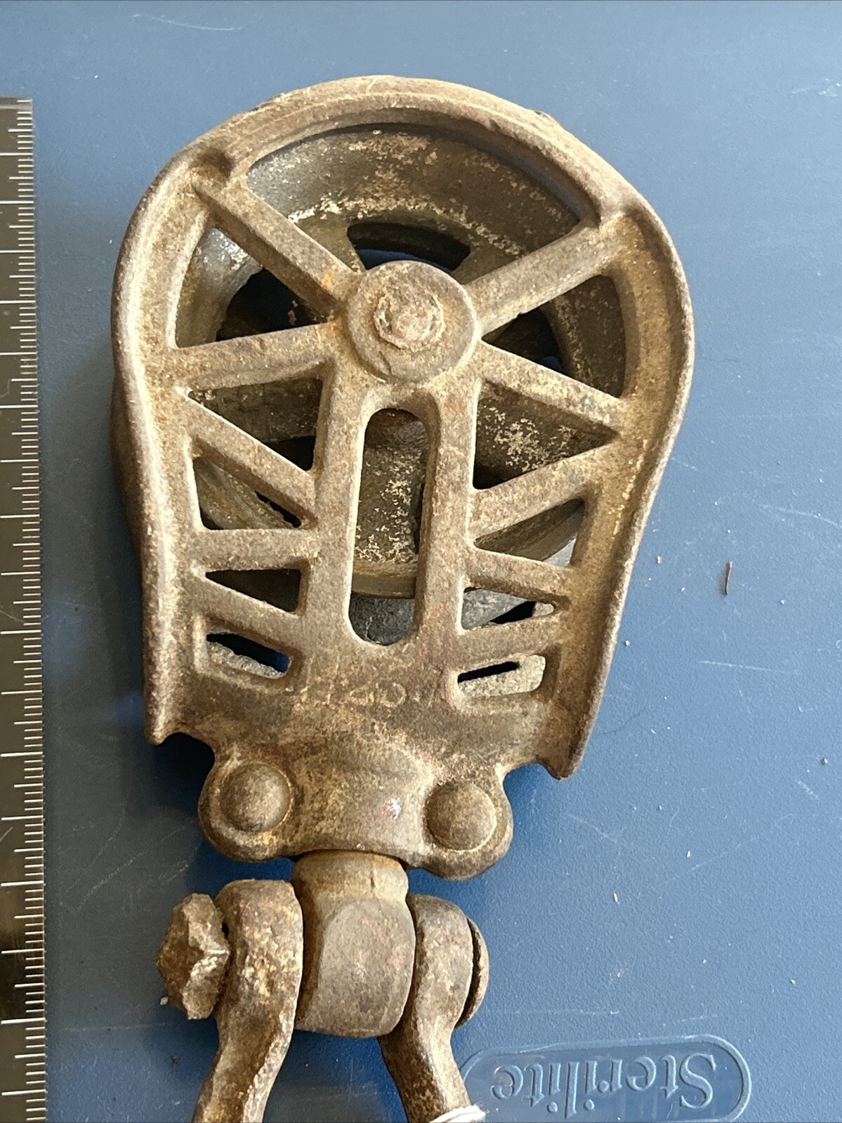 Antique Farm Pulley Cast Iron Tool Stamp H254 9” Solid