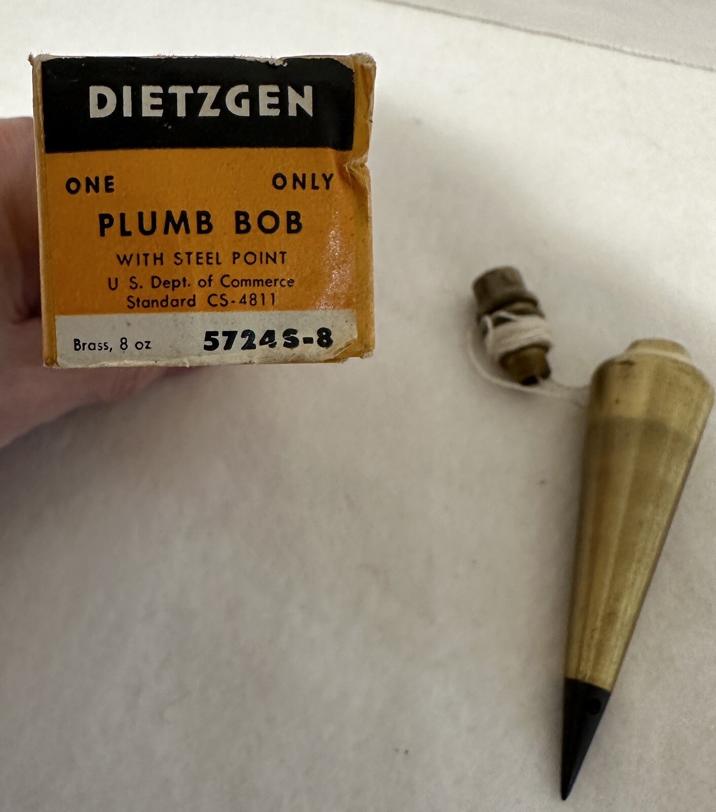 Vintage Brass Dietzgen Plumb Bob CS 4811 w Box 5 1/4 in Long 8 ozs Steel Point