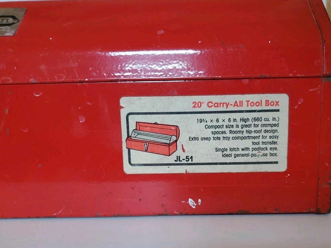 Vintage WI Waterloo Industrial Inc. Red Metal 20″ Carry-All Tool Box JL-51 EMPTY